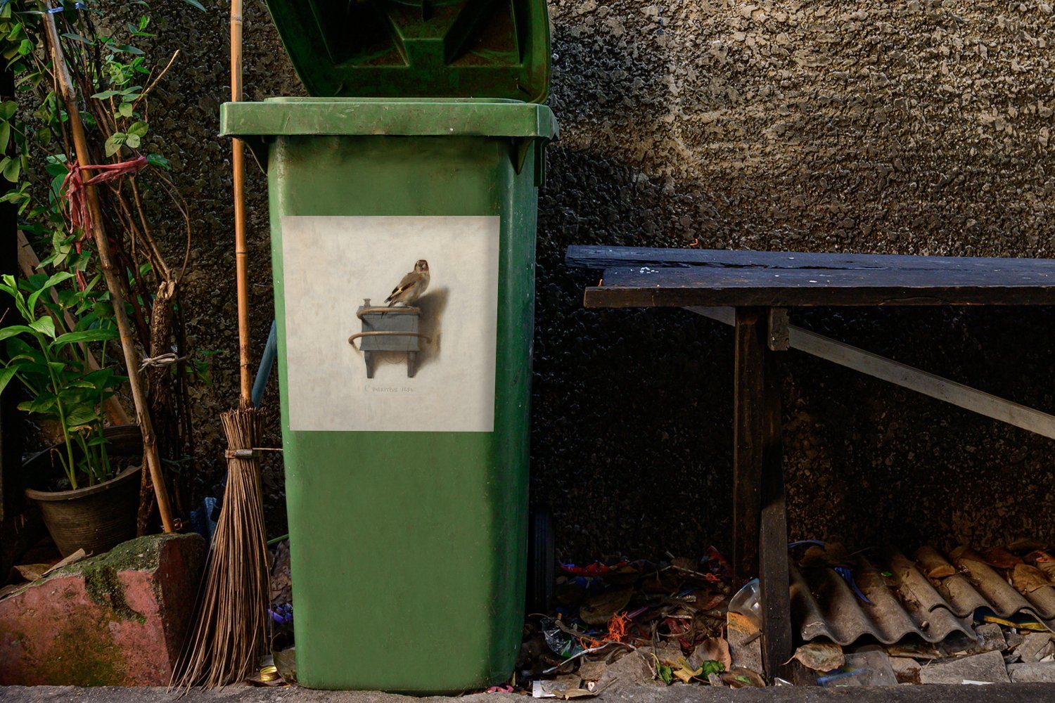 MuchoWow Wandsticker Der Stieglitz kleine Abfalbehälter Mülltonne, Alter - Sticker, - Mülleimer-aufkleber, (1 Container, St), Fabricius Meister - Gemälde