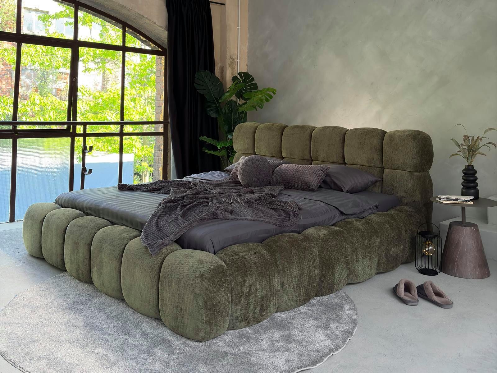 Compleo Polsterbett Cloud Bett, Bett mit gepolstertem Kopfteil ELVA (Chenille-Stoff), Schlafzimmer Bett modern, Doppelbett gepolstert, Wolkenbett