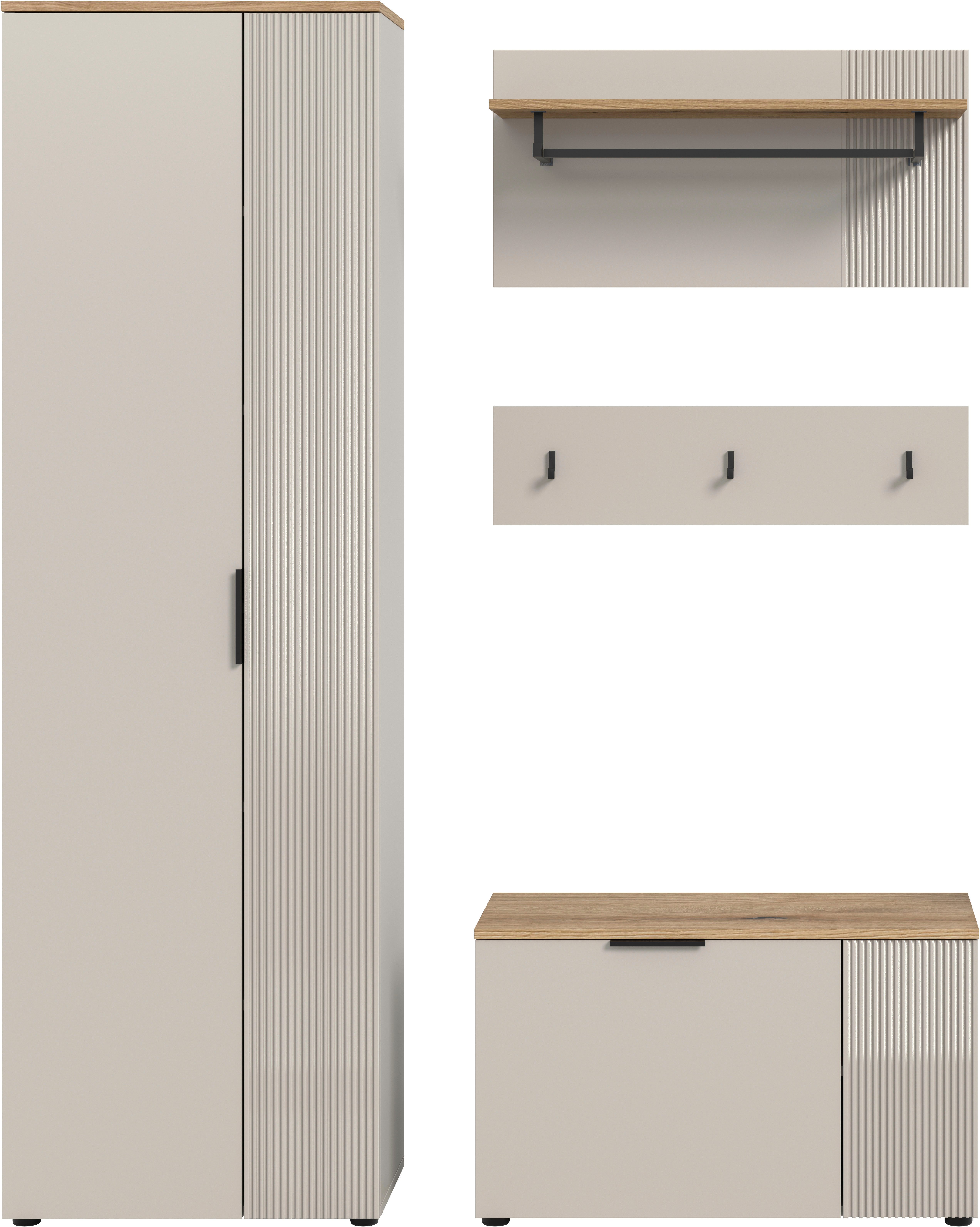 Home affaire Garderoben-Set EDIL, Breite 155 cm, 4-teilig, Front mit hochwertiger Längstfräsung, (Set, 3-St., best. aus: Hochschrank, Sitzbank, Paneel & Hakenleiste), Garderobenkombination, Kombination, Set, Garderobe, Flurgarderobe