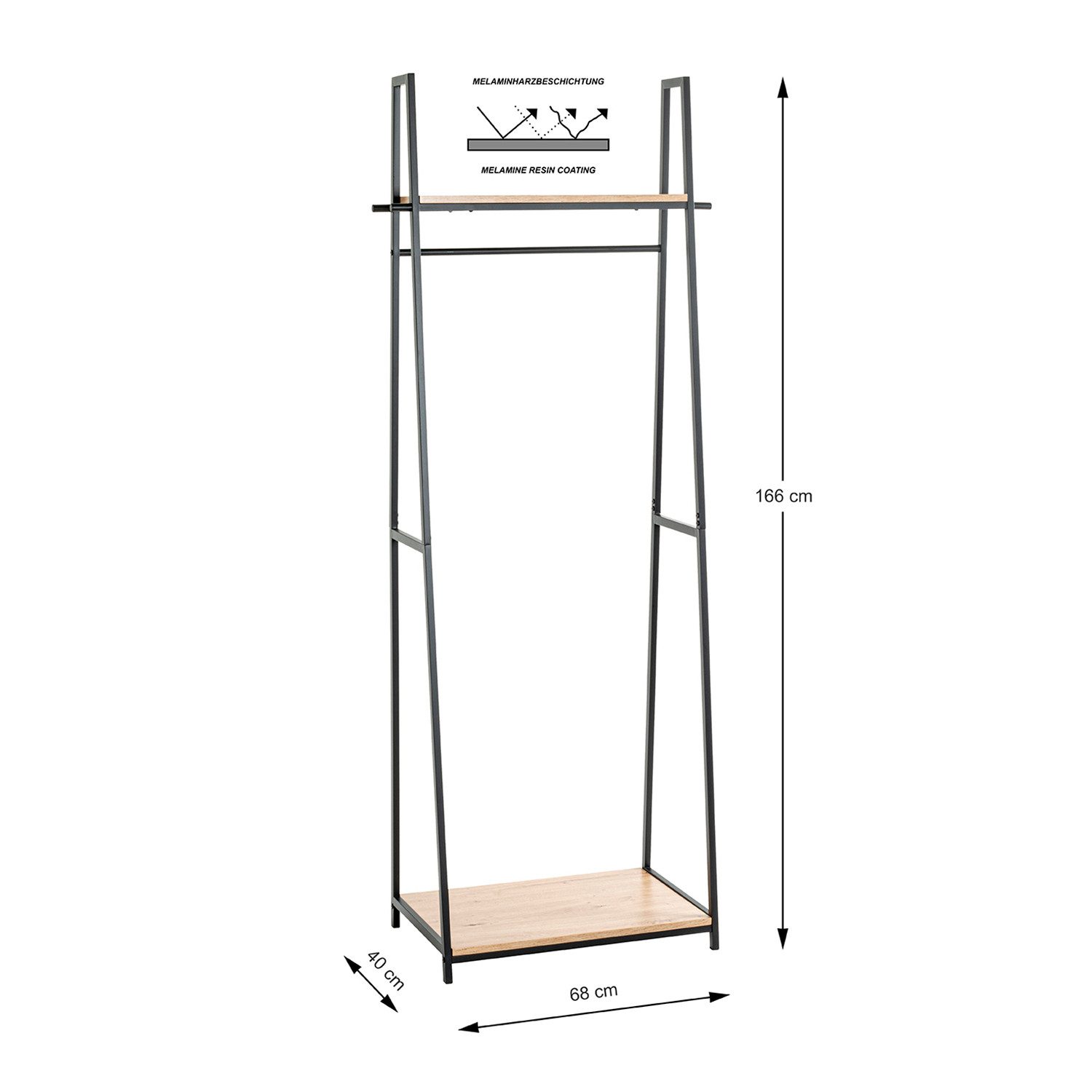 HAKU Kleiderständer PESCARA 1 Garderobe - eiche-schwarz - MDF, Metall - H. 166cm x B. 68cm, (1xStandgarderobe, Hakenständer - Aufhängeständer), Kleiderständer - Mantelständer - Jackenständer