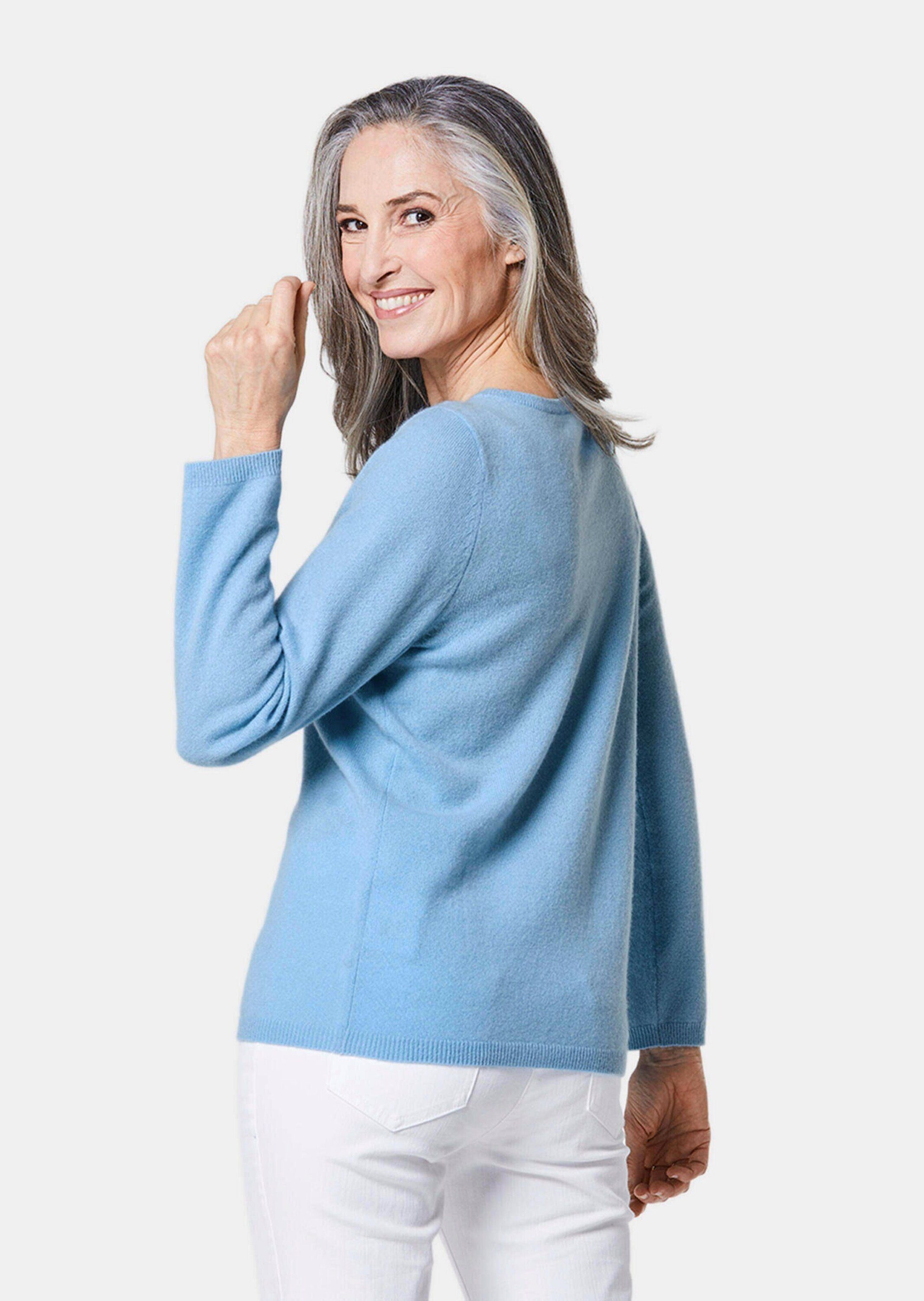 mit GOLDNER Ausschnitt Kaschmirpullover Strickpullover U-Boot pazifikblau