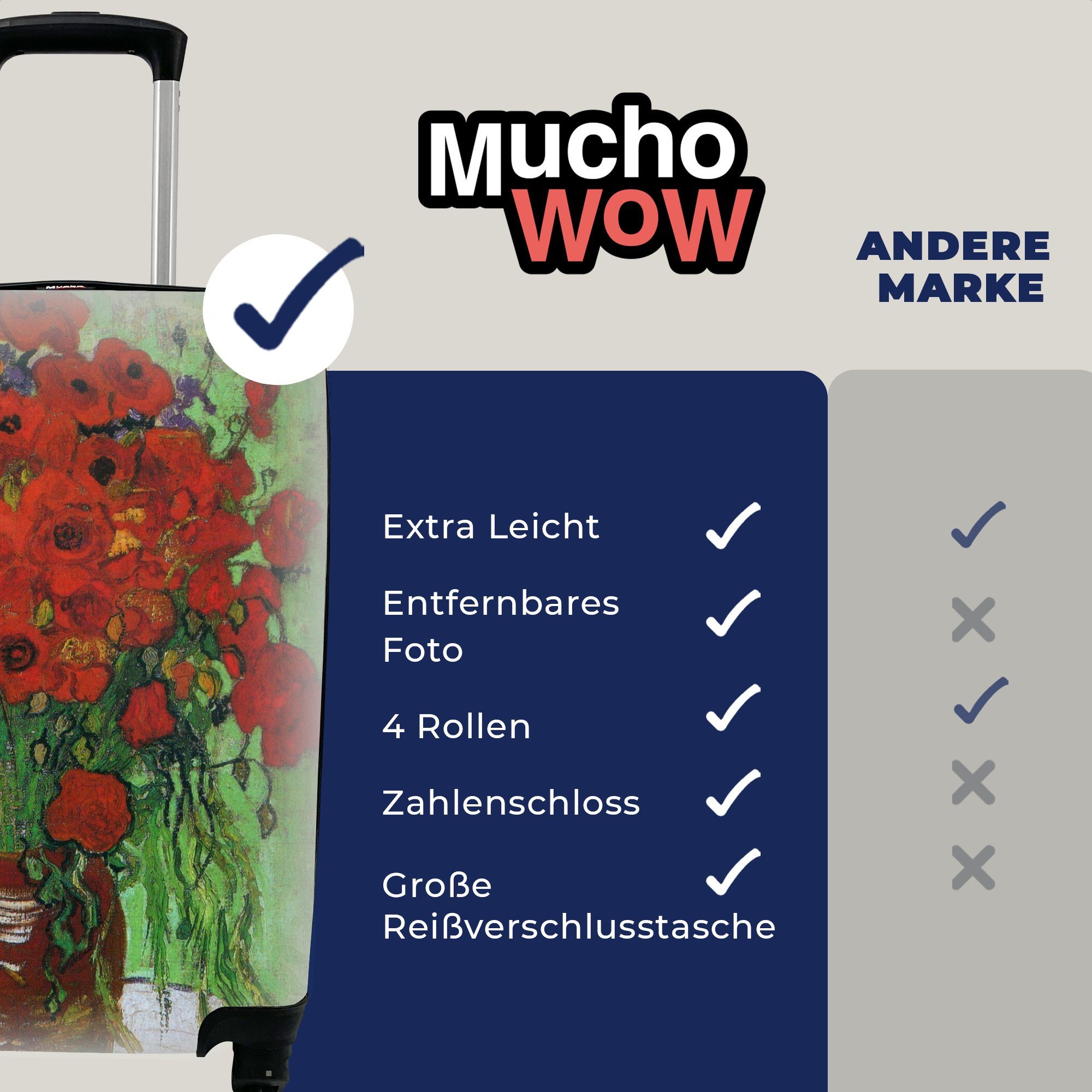 Ferien, MuchoWow van Vase - mit roten Handgepäck Rollen, Gogh, Trolley, Gänseblümchen 4 Vincent Mohnblumen rollen, und mit Handgepäckkoffer Reisetasche Reisekoffer für