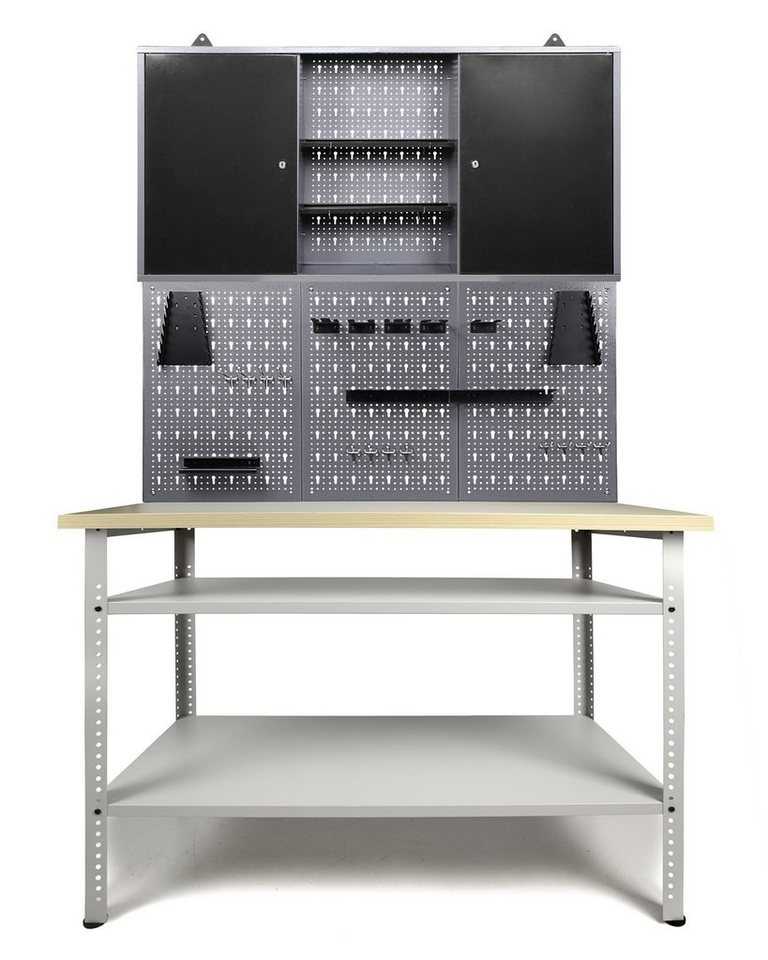 ONDIS24 Werkstatt-Set Werkstatteinrichtung 120 cm Werkbank Basic Pro,  Metall, Lochwand, Werkstattschrank, 1,20m (B) x 2,05m (H) x 0,60m(T)