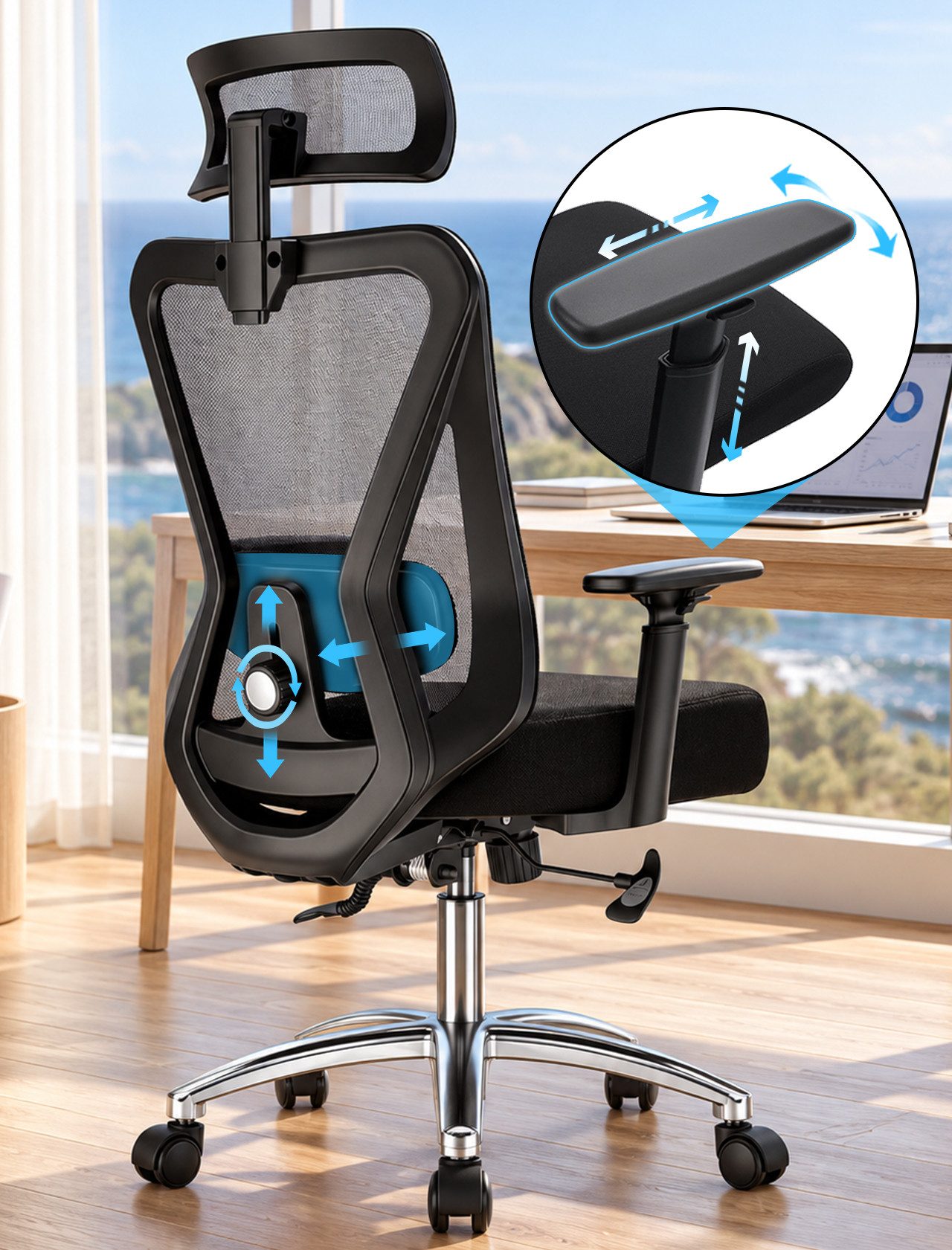 Durrafy Bürostuhl Bürostuhl 200kg Ergonomischer Bürostuhl-Verstellbare Lordosenstütze (4D-verstellbare Lendenstütze, Verstellbarer …