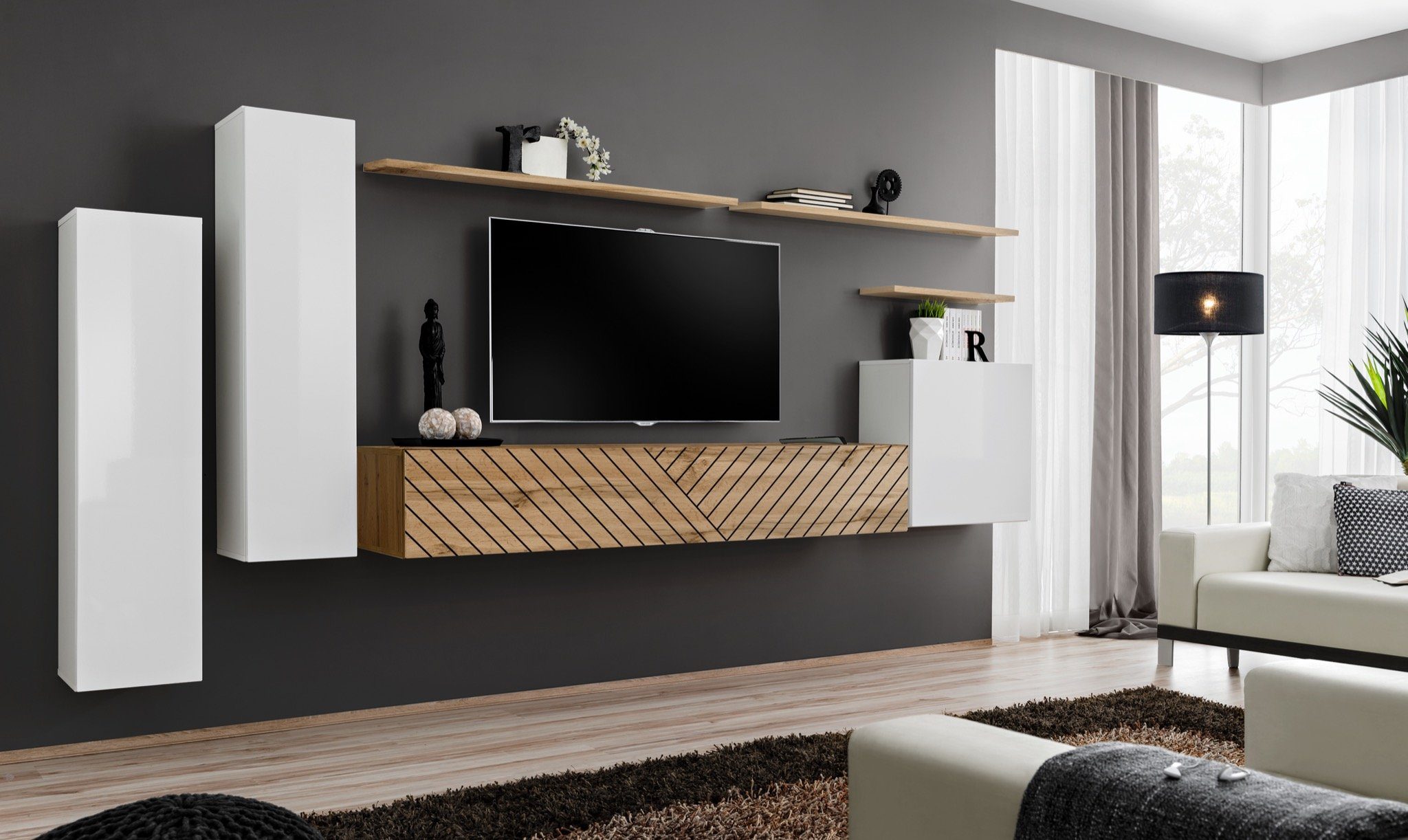 Stylefy Wohnwand Swotch I L, (Set (7 St), Wohnzimmer-Set), bestehend aus 1×Lowboard, 3×Wandboard, 3×Wandschrank, mit Push-to-Open Weiß I - Wotan Eiche