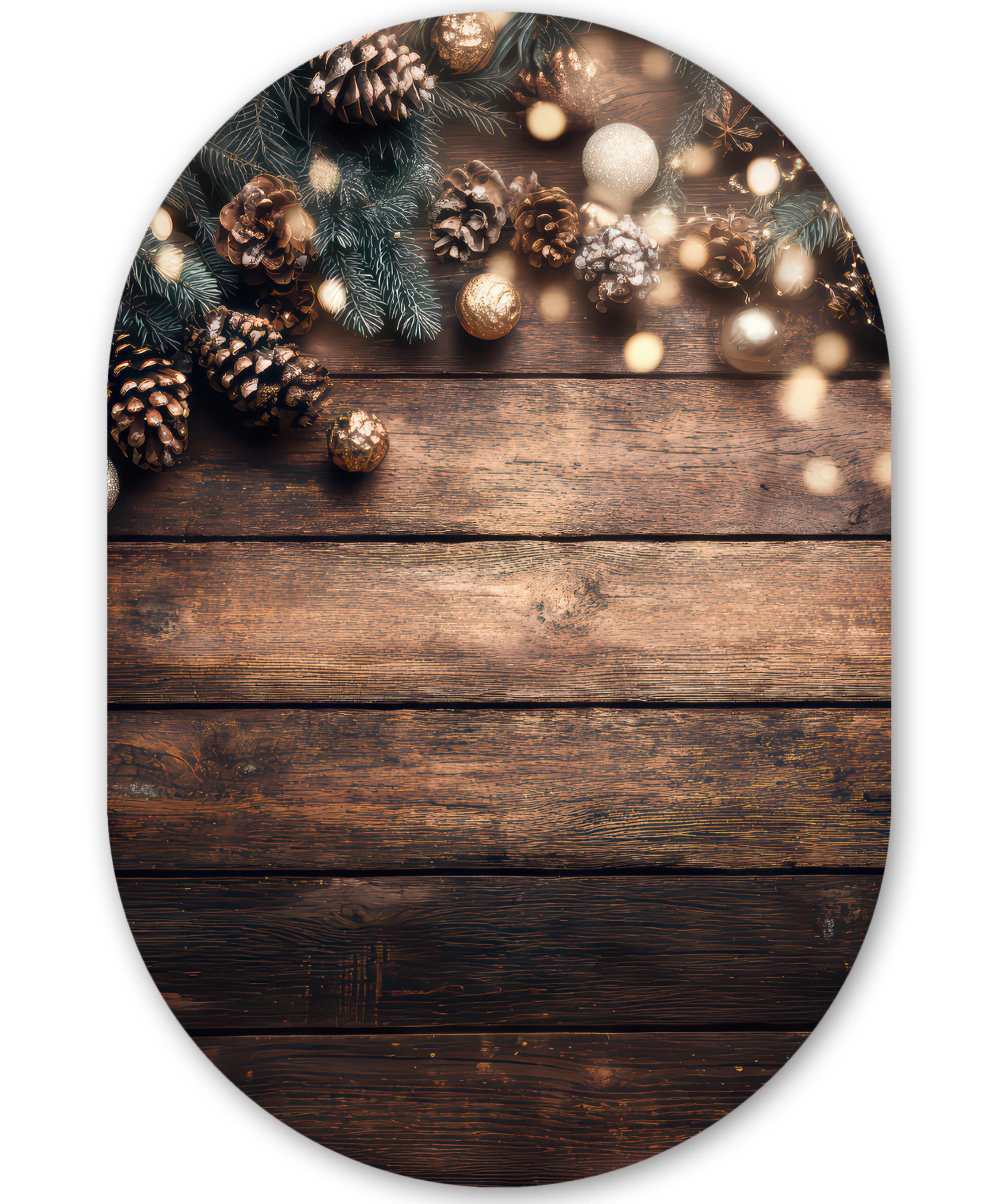 MuchoWow Gemälde Weihnachtsdekoration - Holz - Tannenzapfen - Braun, Fotodruck (1 St), Wandbild Oval, Wohnzimmer oder Schlafzimmer Wanddekoration, 40x60 cm