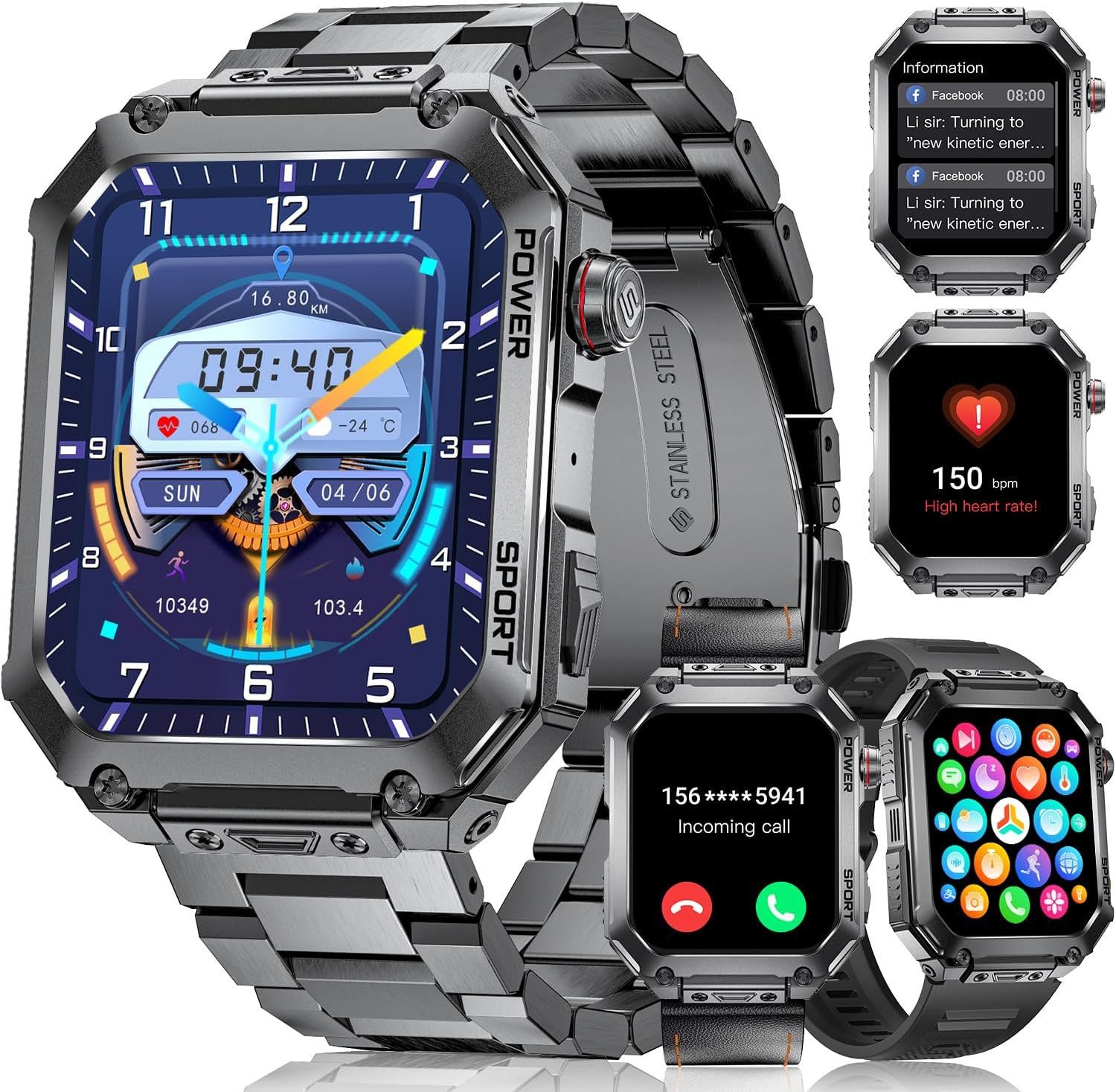 BENYAR EF2 PRO-H Smartwatch (4,9 cm, android ios), Smartwatch mit AMOLED Display Anruffunktion 3 Armbänder IP68 Sport