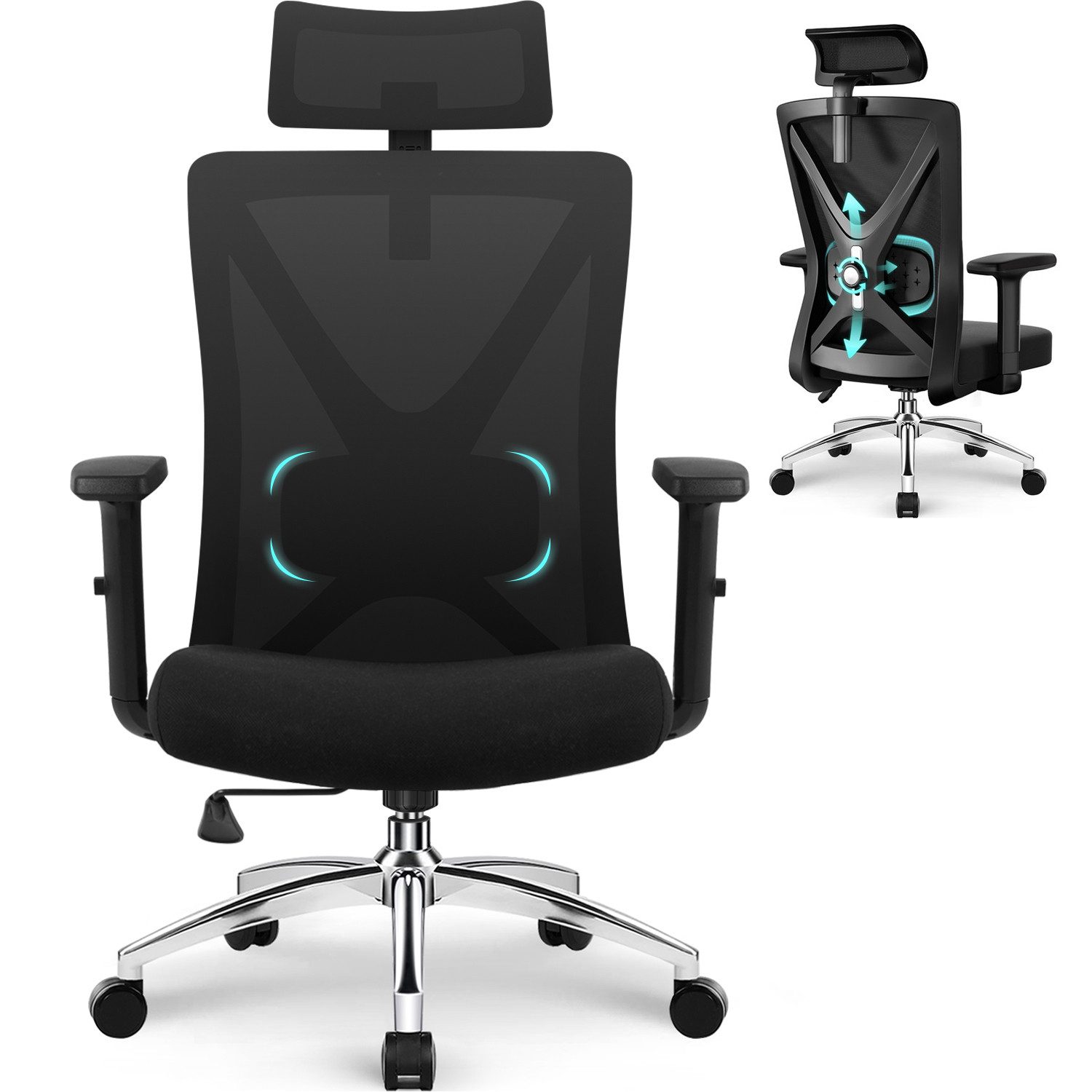 Adormii Bürostuhl Ergonomischer Bürostuhl,Bürostuhl mit Weiches-3D-Lendenkissen (Drehstuhl 360°mit Metallbasis,Verstellbarer Kopfstütze, Verstellbare- Armlehne und verstellbarer Lendenwirbelstütze,Computerstuhl, Wippfunktion bis 135), Gummirollen,Höhenverstellbar, Atmungsaktiver Netzbezug, 150KG