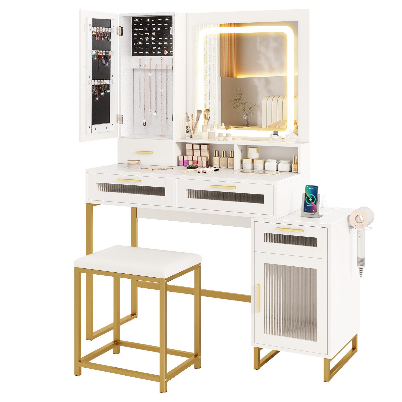 COSTWAY Schminktisch (1-St), mit LED & Ladestation, Hocker, Spiegel, Schubl günstig online kaufen