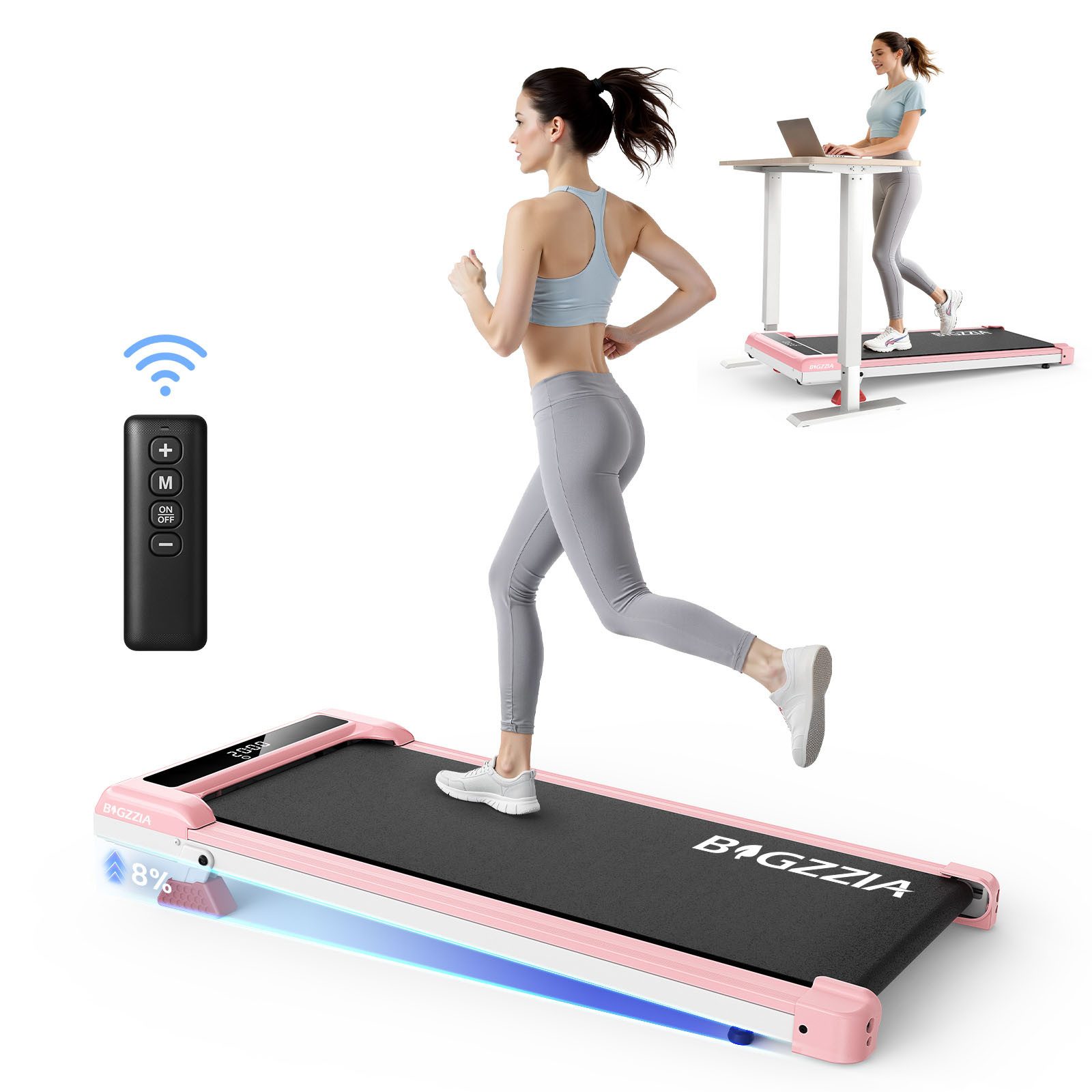 BIGZZIA Laufband - Tragbar Laufbänder 3 in 1 - Laufband mit 8% Steigung (Laufgerät für Zuhause bis 130KG - LED-Anzeige - Noise<45db), 1-10 km/h - Elektrisches 3.0 PS Bürstenloser Motor