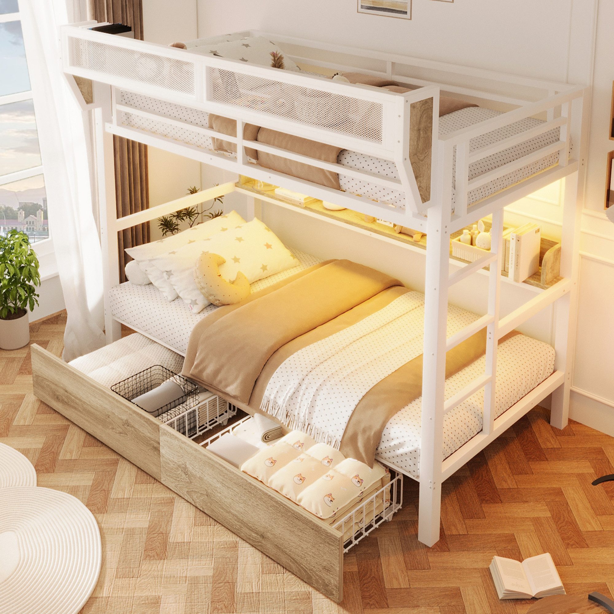 Flieks Etagenbett, Metallbett 90x200cm mit Schubladen LED-Beleuchtung Aufbewahrungskorb