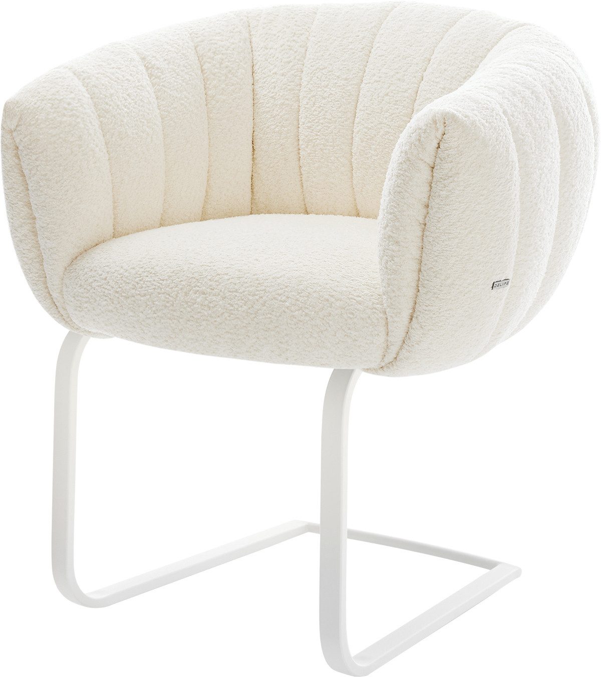 DELIFE Polsterstuhl Jada-Flex, Freischwinger flach Weiß Bouclé Weiß Taschenfederkern