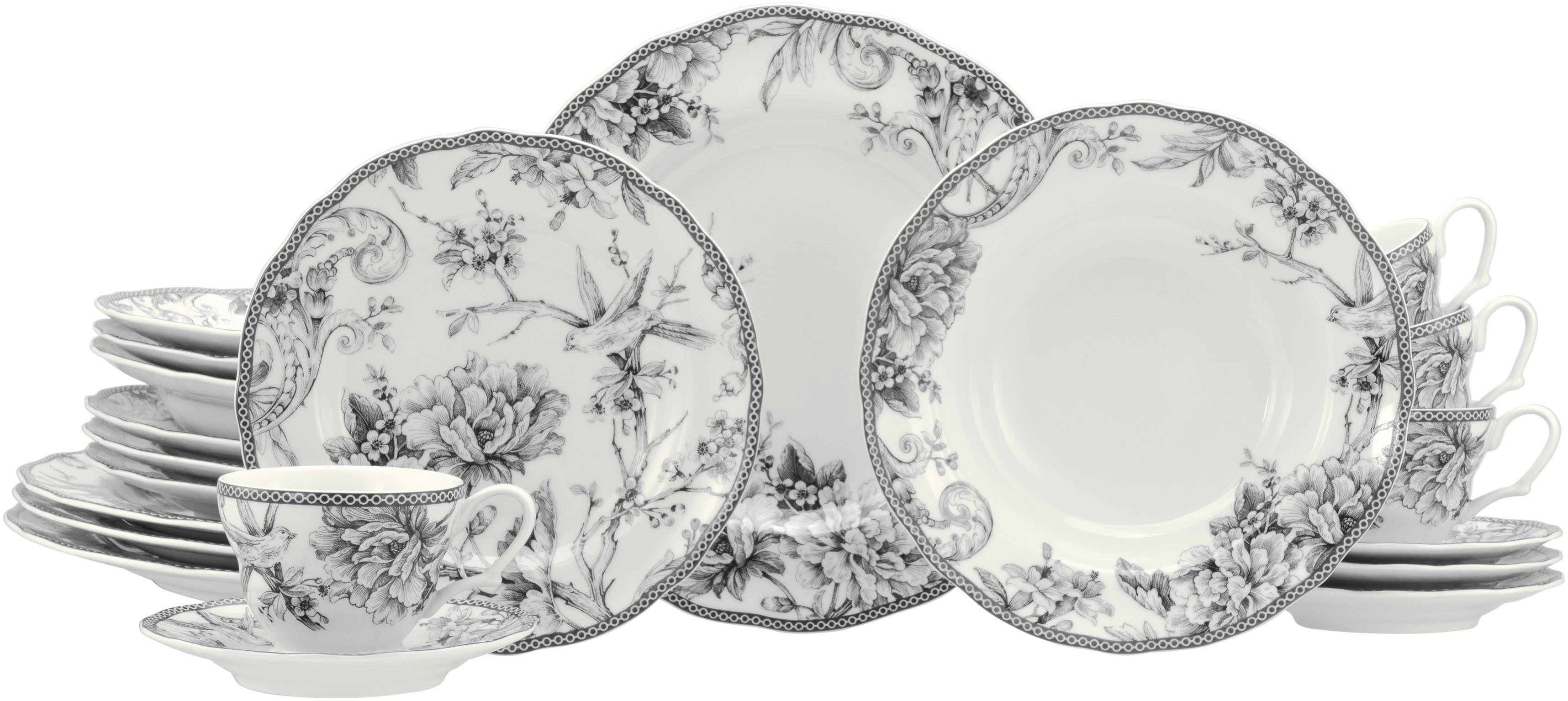 CreaTable Kombiservice Adelaide, Service 20-tlg. (20-tlg), 4 Personen, Porzellan, Nostalgischer Vintage Dekor, Elegante Form