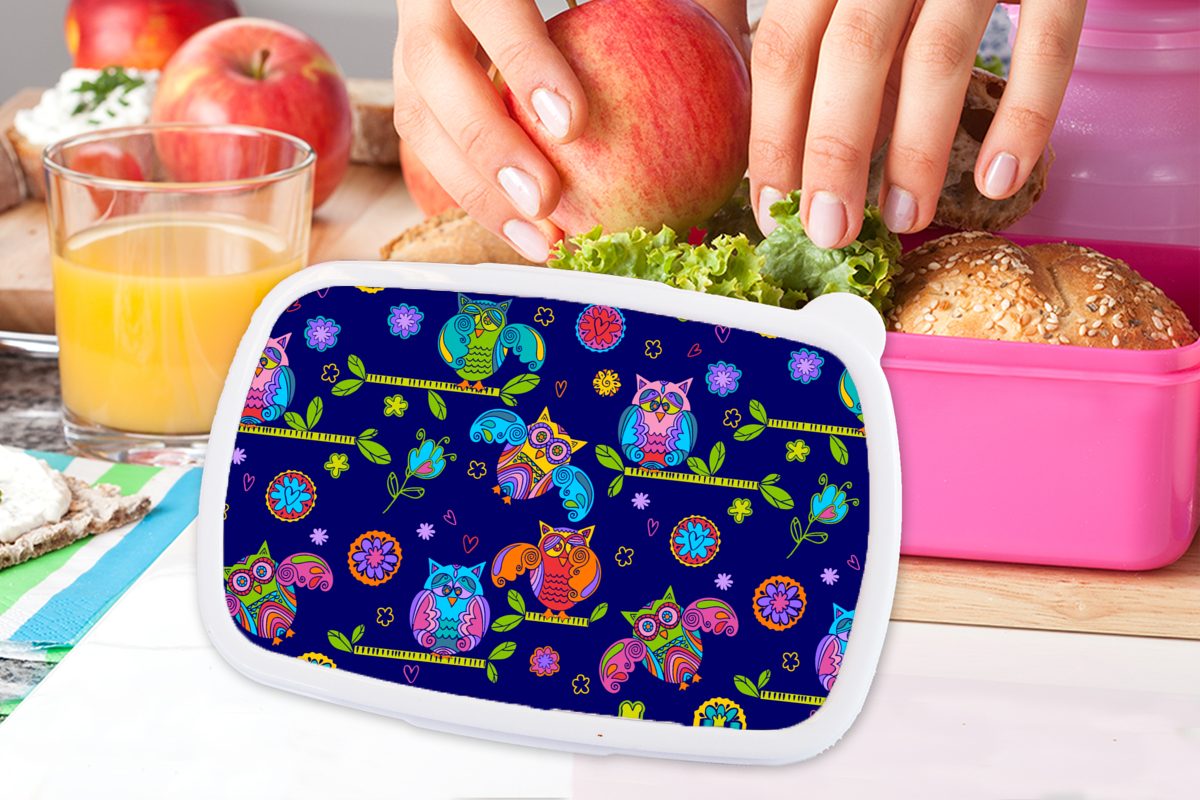 MuchoWow Lunchbox Muster - Snackbox, (2-tlg), rosa Brotdose Erwachsene, - Äste, für Kunststoff, Kinder, Brotbox Kunststoff Mädchen, Eule
