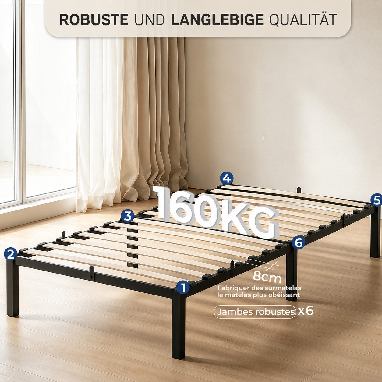 GLIESE POWER Einzelbett Bettgestell 90x200 cm – Stabil & Langlebig (Metallbettgestell), 160 kg, 6 Matratzenstopper, leise, 30 cm hoch, 9,9 kg – Bild 5 von 5