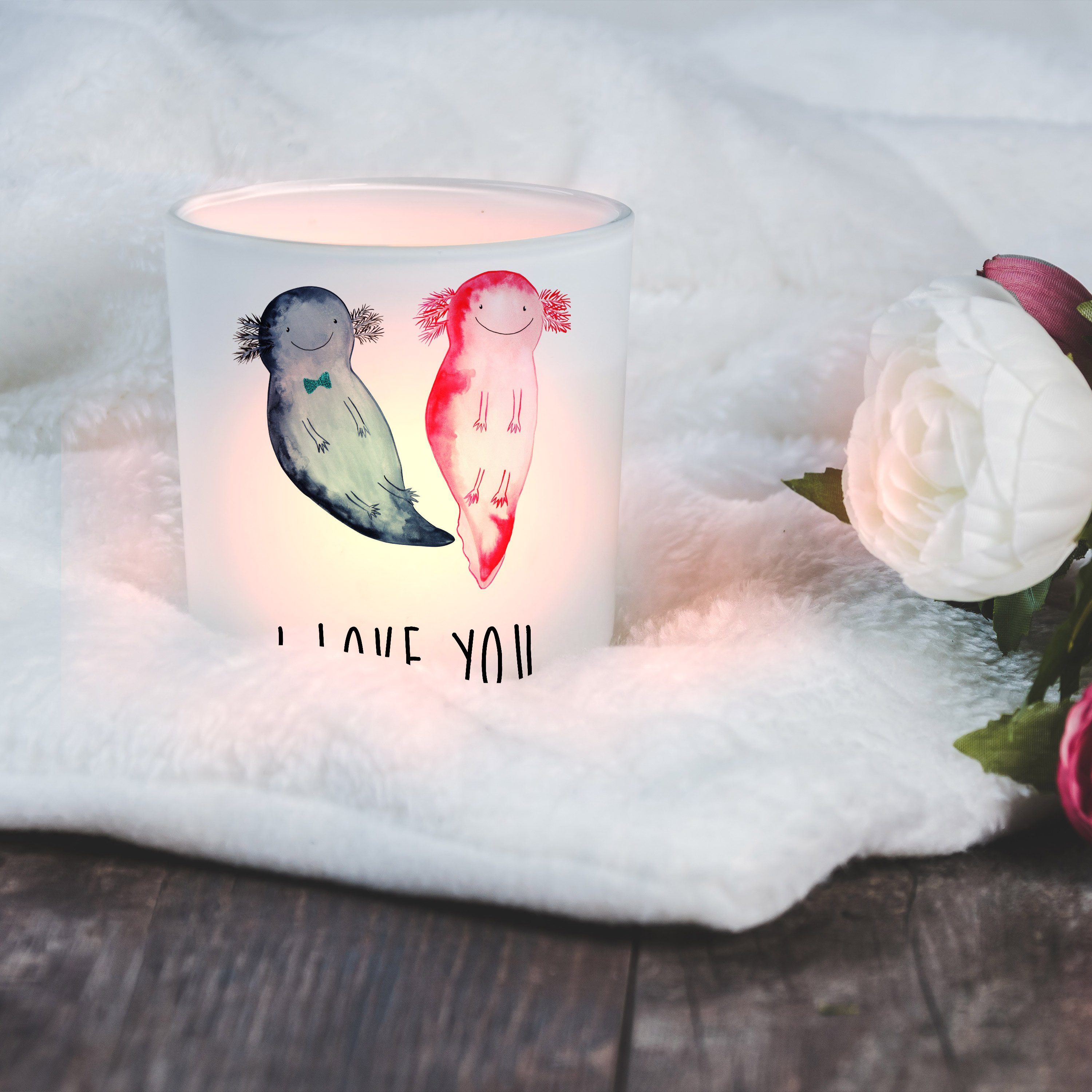 Mr. & Mrs. (1 Windlicht Transparent Panda Glas, - Liebe Axolotl Windlicht Teelichthalte Geschenk, St) 