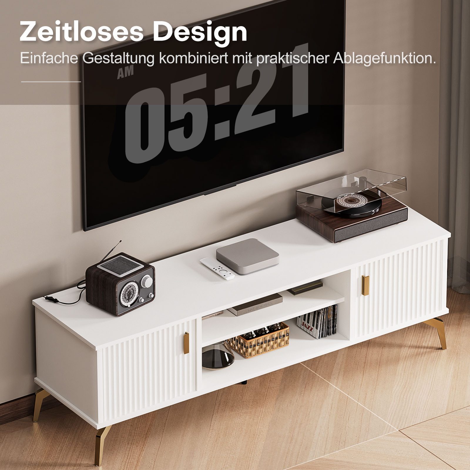 Yorbay Lowboard TV Schrank stehend, für Fernsehr bis zu 65 Zoll, 147cm Breit, Design TV Möbel mit 2 Türen,Metall Beine&Goldener Griffen,Modern Weiß