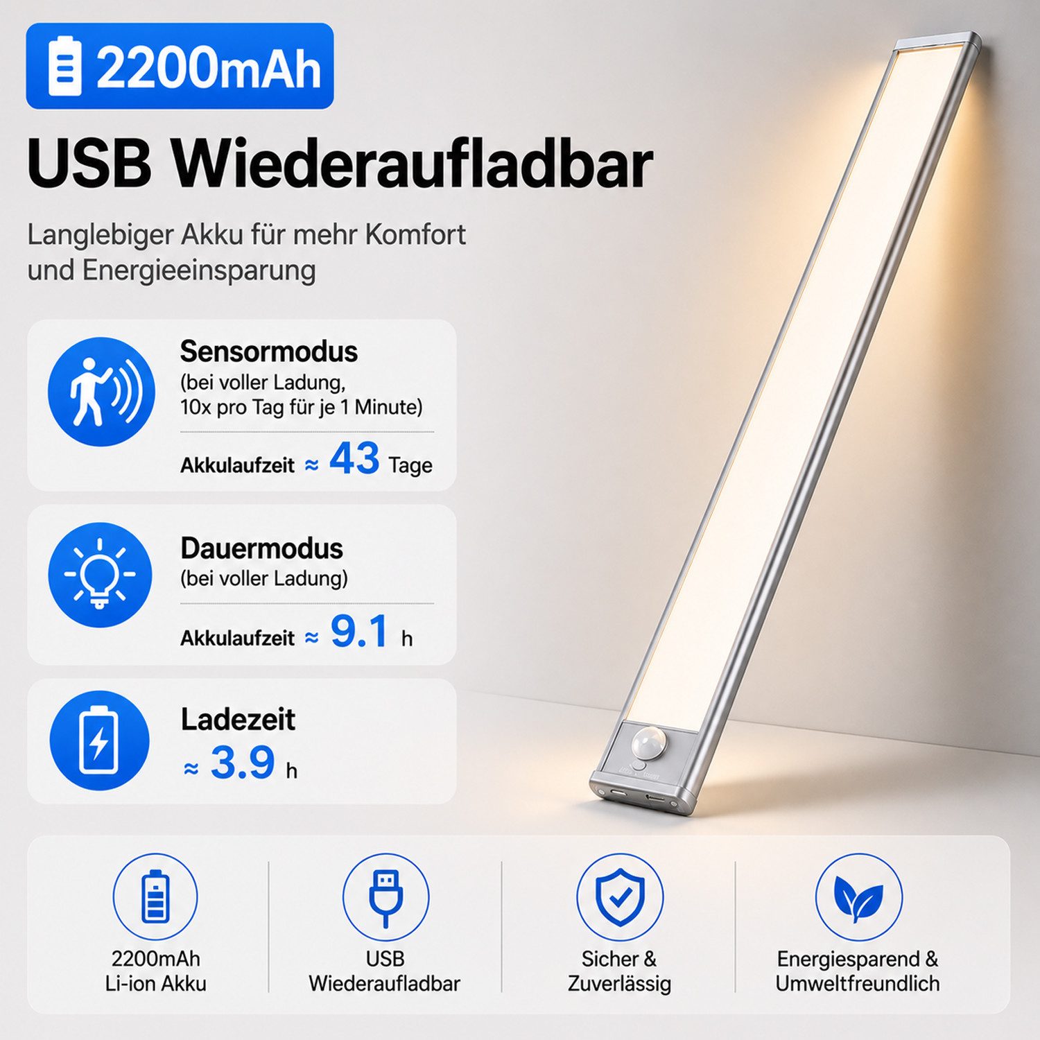 BOOD LED Unterbauleuchte mit Bewegungsmelder und Lichtsensor,20/30/40cm&1100/1800/2200mAh, USB-C wiederaufladbar,Einfach Montage Stark,schrankbeleuchtung, Warmw – Bild 2 von 5