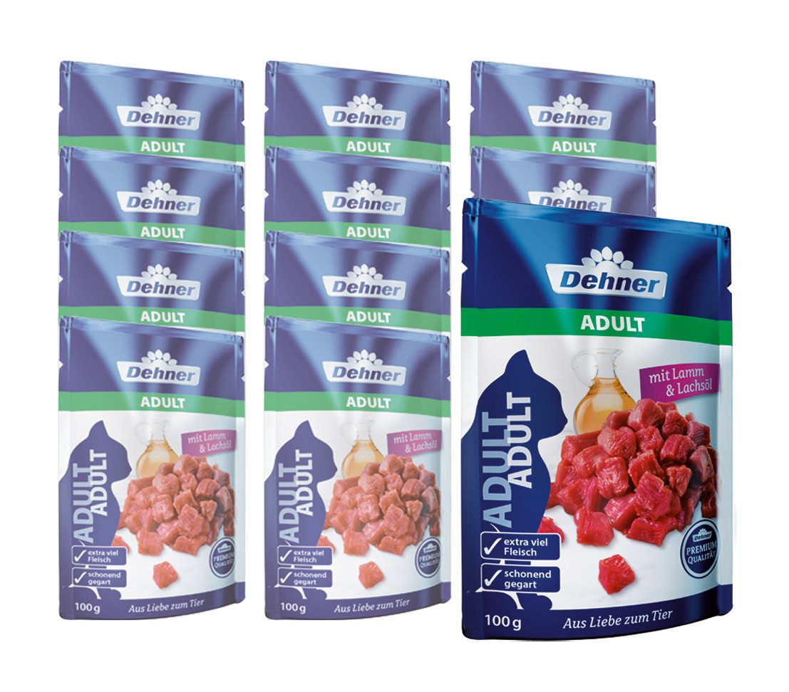 Dehner Premium Adult, verschiedene Sorten, 12 x 100 g Beutel, Nassfutter für: Katze, Nassfutter für ausgewachsene Katzen