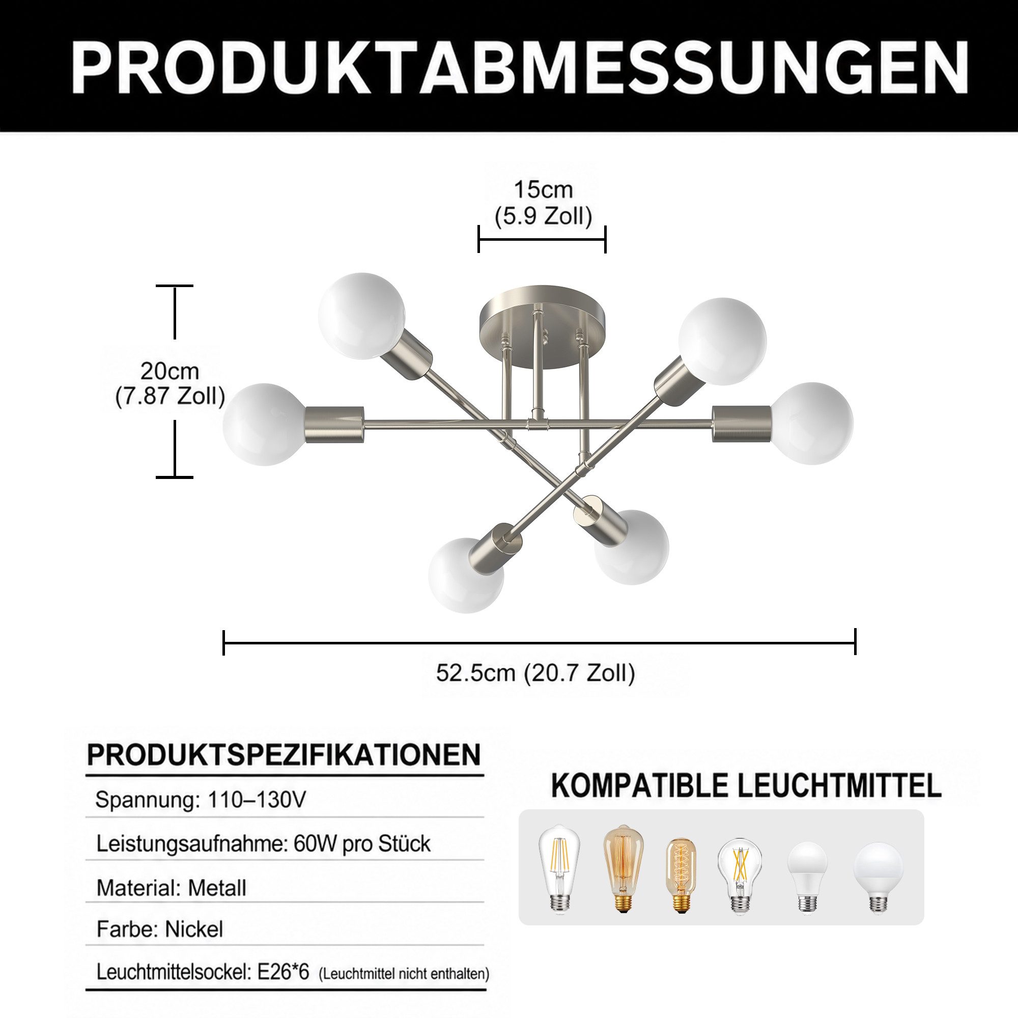 LOHAS-LED Deckenleuchte 6-flammige Deckenleuchte in Sandnickel-Optik, Metall, ohne Leuchtmittel, Moderne Deckenlampe mit E27-Sockel, für Wohnzimmer & Schlafzimmer