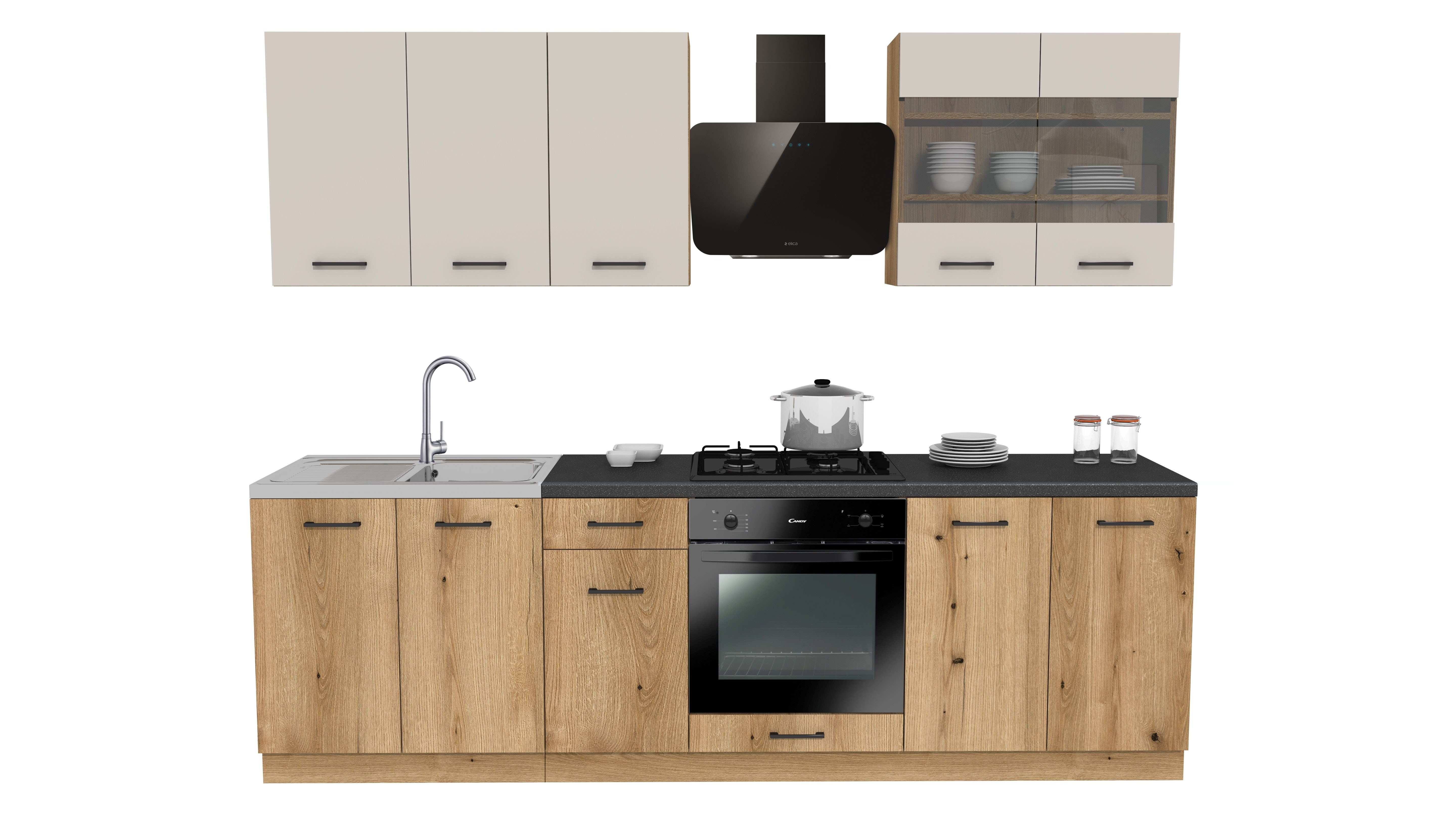 ROYAL24_MARKT Küchenzeile - SIMPLY Z7 260 cm - Kaschmir Matt / Eiche, (Komplett Set), Top Stoffe - Exklusiv - Hochwertig