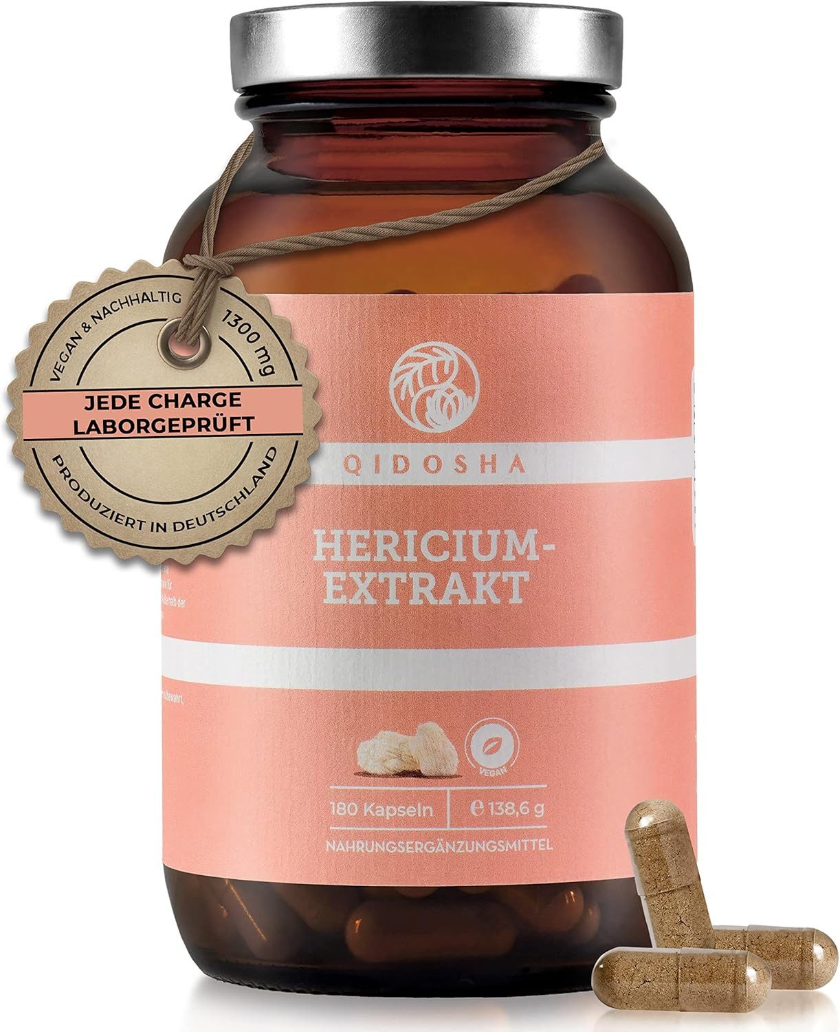 QIDOSHA Hericium-Extrakt Kapseln, 30:1 Extrakt Kapseln hochdosiert, 180 Stk, 1300 mg Hericium Vitalpilz Extrakt pro Tagesdosis, Premium-Dual-Extrakt, Igelstachelbart Kapseln, Löwenmähne Pilz, lions mane à 180 St., 138.6 g