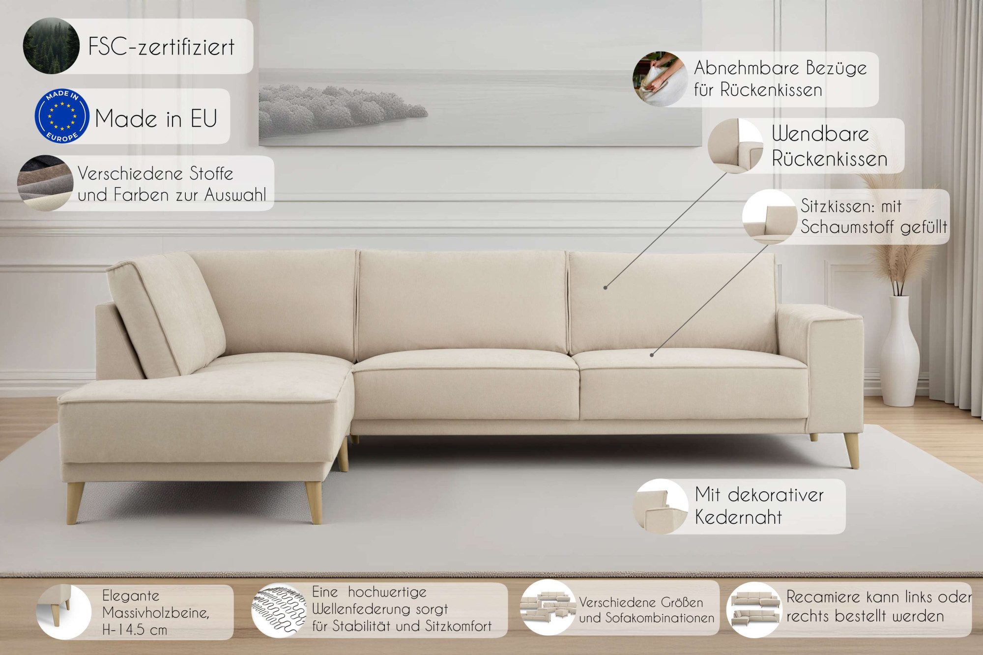 OTTO home Ecksofa Oland Skandi, weicher Chenille-Stoff, L-Form, 289 cm, Wellenunterfederung, Skandi-Design, Massivholzfüße