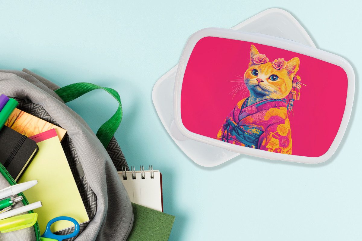 MuchoWow Lunchbox Katze - Kimono - Blumen - Rosa, Kunststoff, (2-tlg), Brotdose Schule oder Arbeit, Brotbox für Kinder und Erwachsene