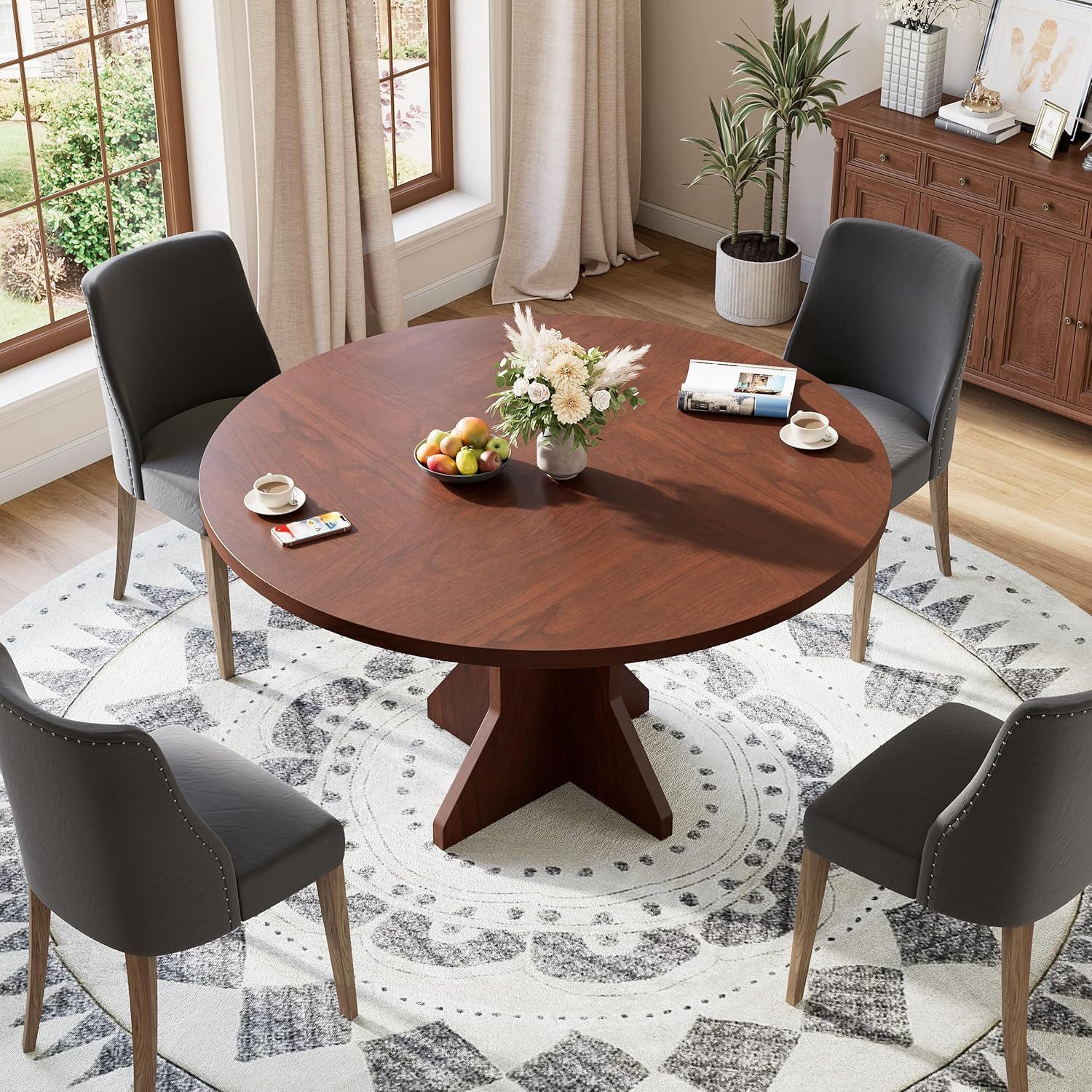 GarveeMore Esstisch Runder mit Holztischplatte und stabilem Fuß für 4-6 Personen,120cm, Küchentische aus Holz für Esszimmer,Küche,Wohnzimmer – Bild 4 von 5
