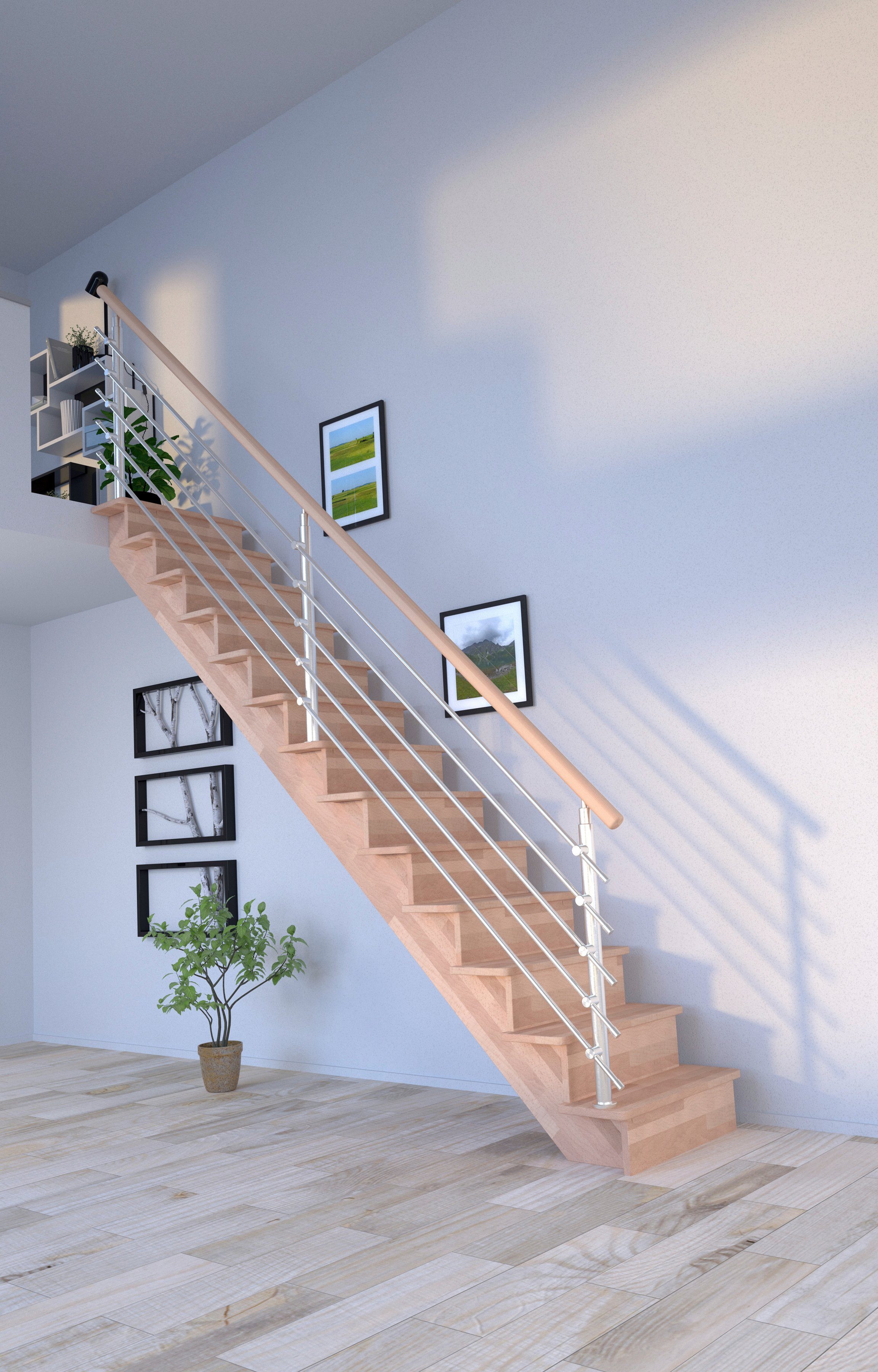 300 Systemtreppe Design-Geländer Starwood Wangenteile für Edelstahl, bis Durchgehende geschlossen, Geschosshöhen cm, Lindos, Massivholz Stufen