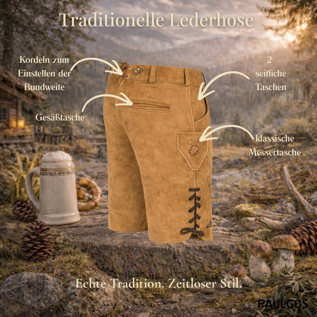 PAULGOS Trachtenhose Herren Lederhose Kurz mit Trägern 100% Echtleder - HK4
