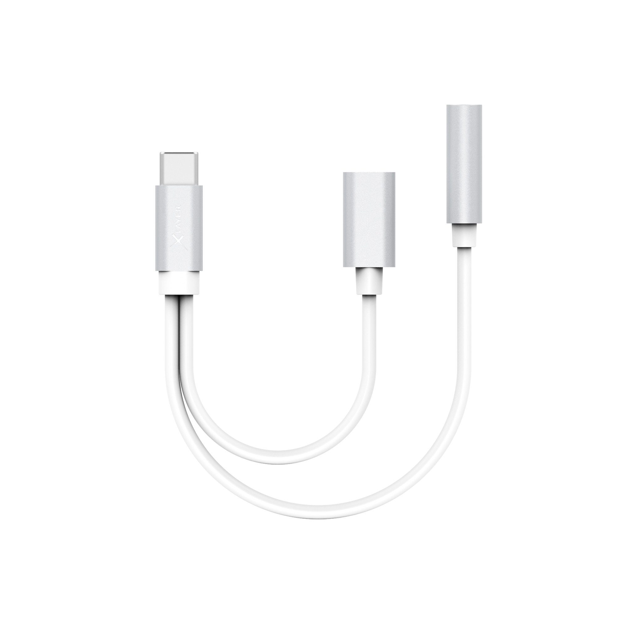 Kabel PREMIUM 2-IN-1 USB-C zu 3.5mm Aux und USB-C Adapter 0.12m Silver Smartphone-Kabel