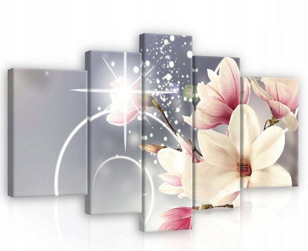 Auf Wandbild Magnolie Leinwandbild für Blumen Wohnzimmer Groß Blumen Modern Wallarena Leinwandbilder Bilder (Set Kunstdruck Wandbilder XXL Aufhängefertig teilig), Canvas Leinwand SET Bild Schlafzimmer, 5 170x100 cm