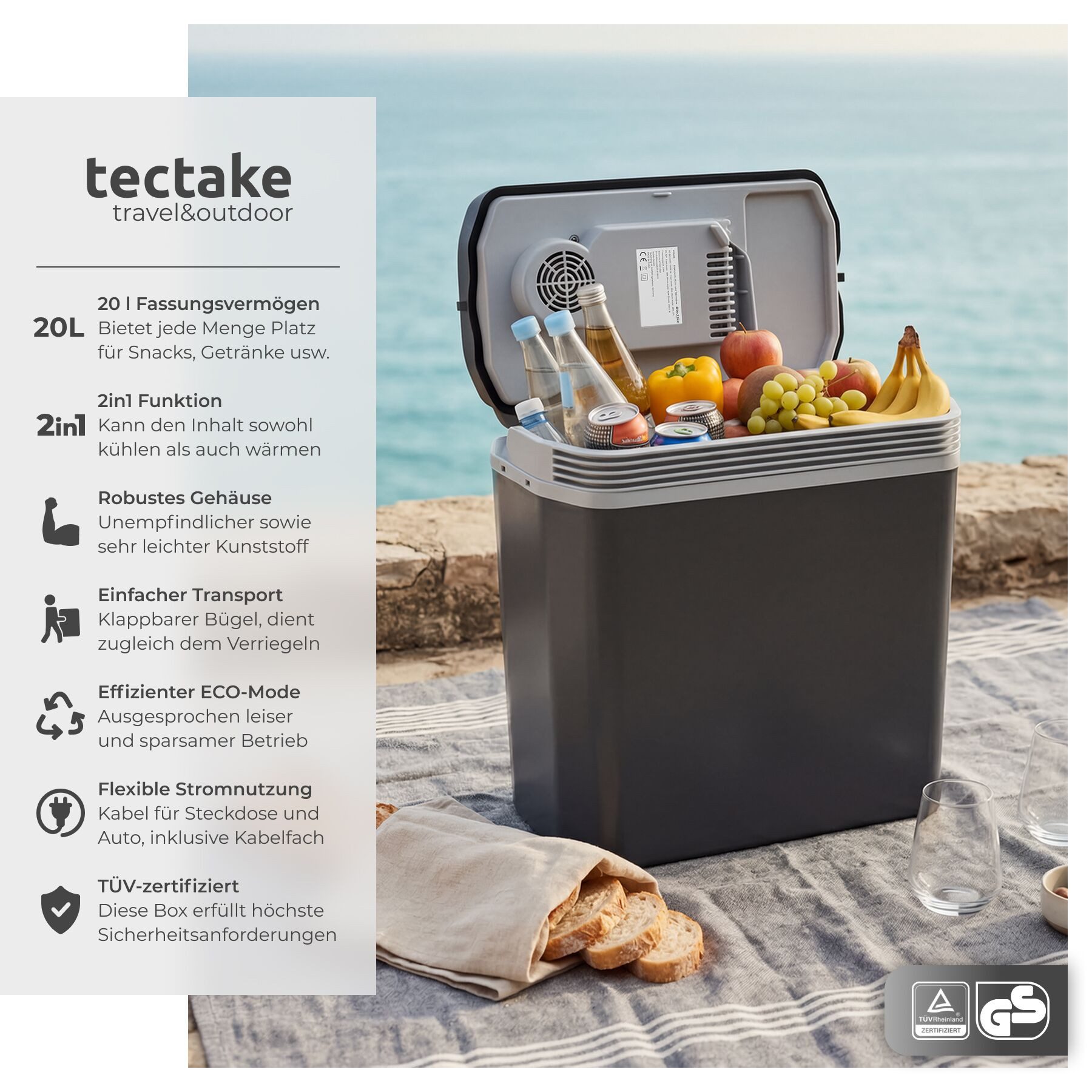 tectake Kühlschrank Kühlschrank, 42,50 cm hoch, 40,00 cm breit, robustes Kunststoffgehäuse, Steckdosen- und Autoanschluss