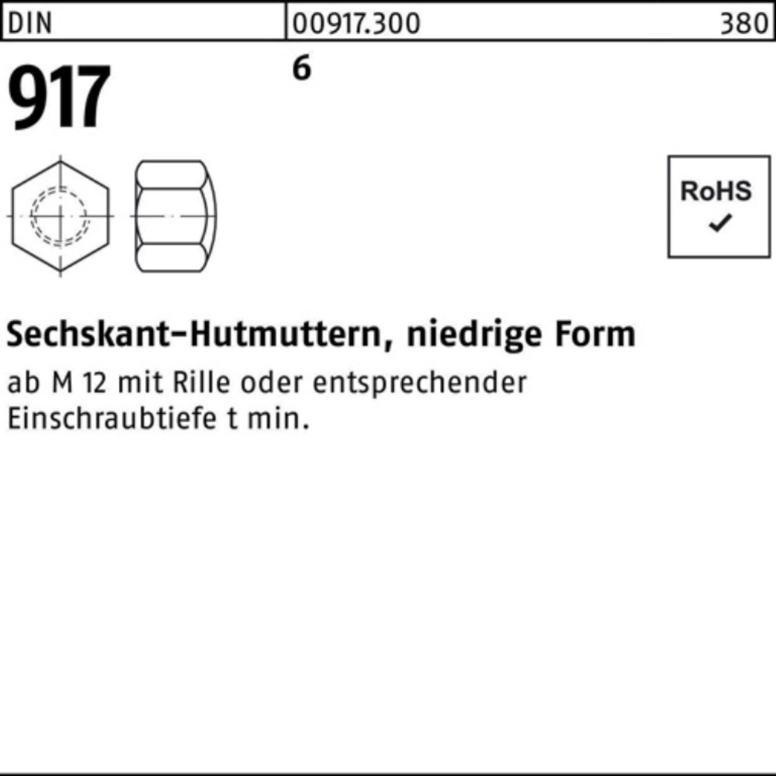 Reyher Hutmutter 100er Pack Sechskanthutmutter DIN 917 niedrige FormM20 6 25 Stück DIN