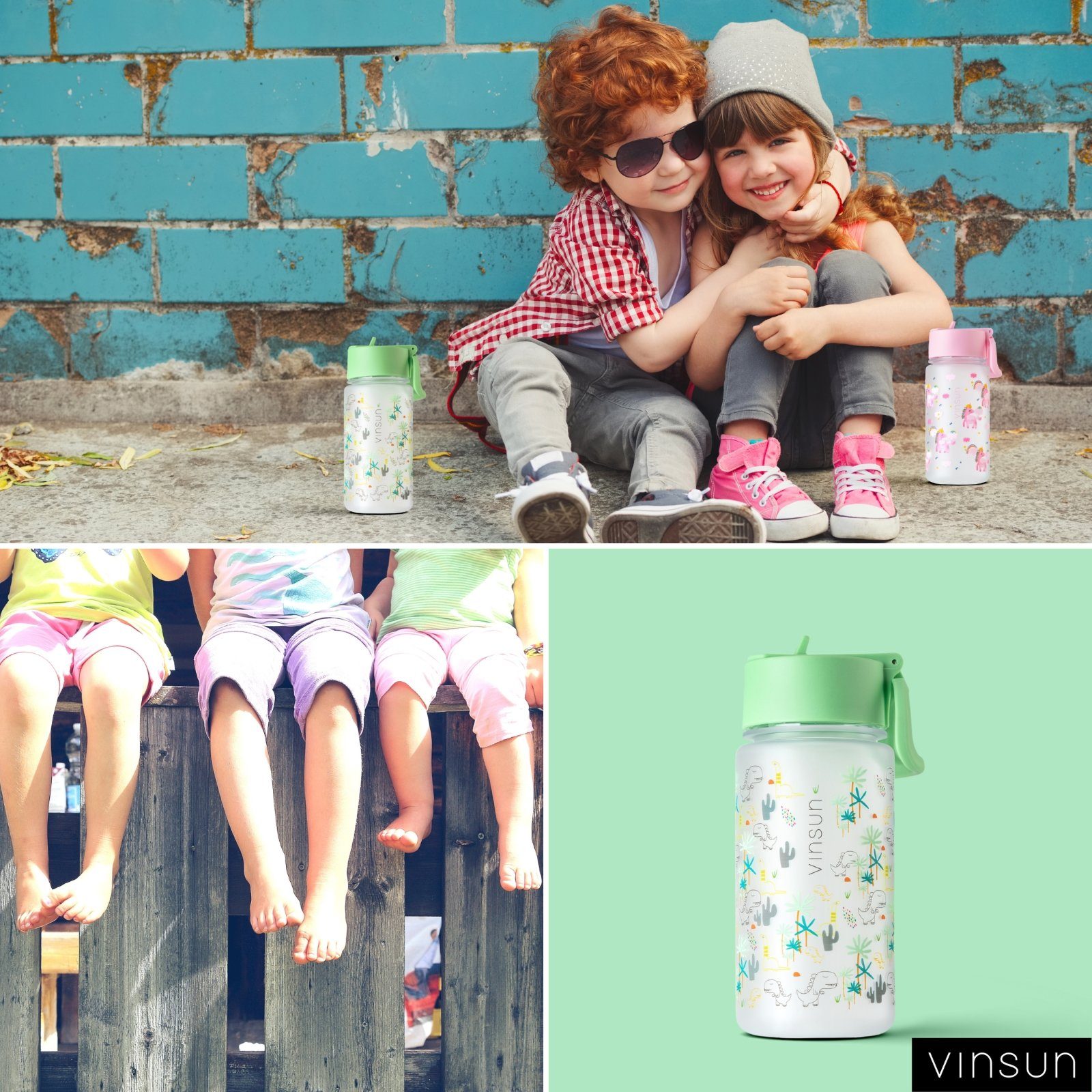 Vinsun Trinkflasche Trinkflasche Kinder 350ml - Auslaufsicher mit Strohhalm - Dinosaurier, BPA frei, auslaufsicher, bruchsicher, Geruchs- und Geschmacksneutral