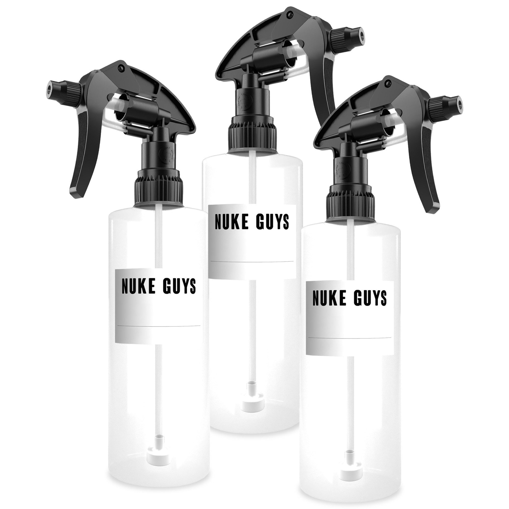 Nuke Guys Sprühflasche Leerflasche je 500ml mit Sprühkopf, Transparent - Kunststoff + Etikett, (3-tlg), Chemiebeständig, PET Kunststoff, Ergonomisches Design