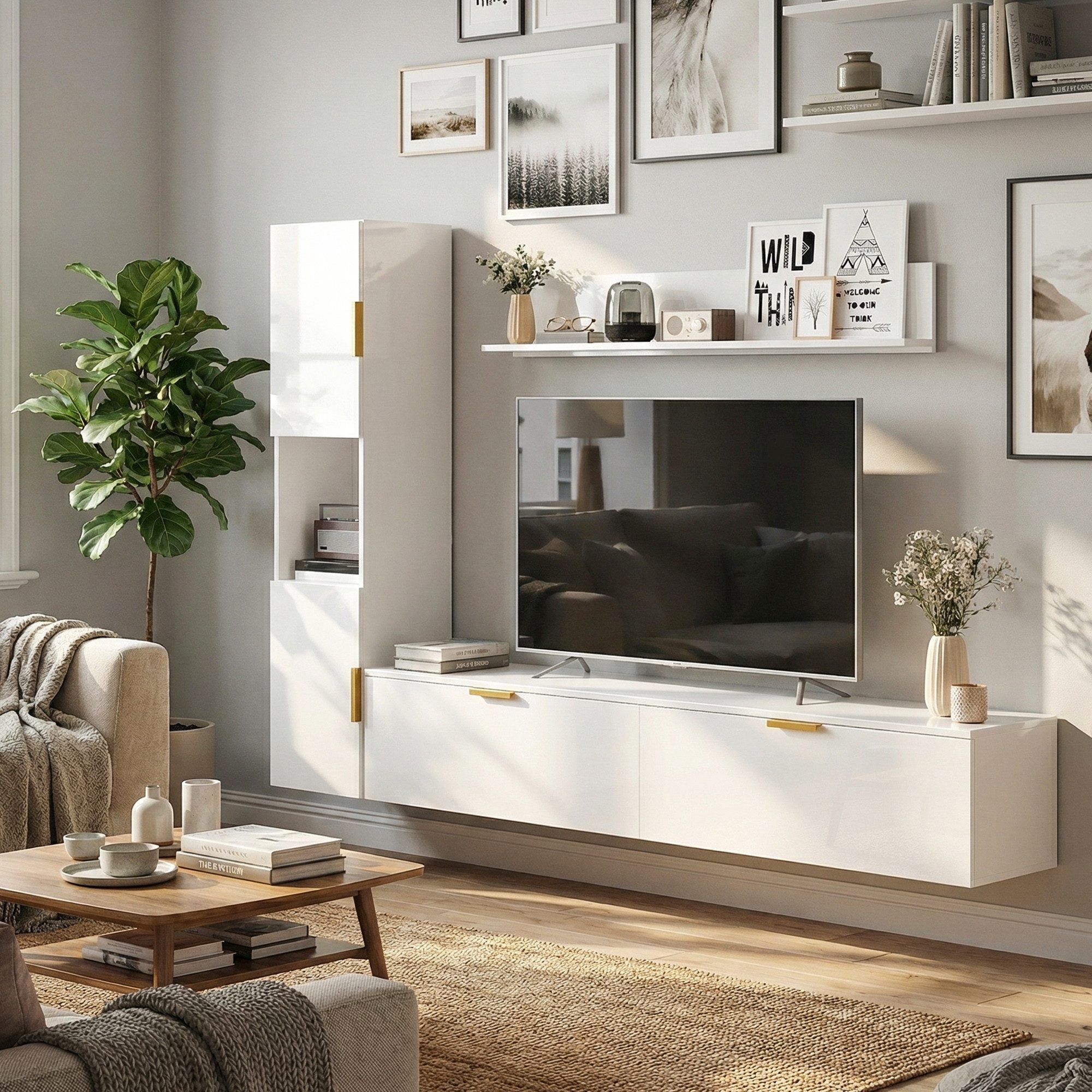 HOMCOM TV-Regal mit Wandregal und Aufbewahrungsschrank, Wohnwand Wohnzimmer 1-tlg., für Fernseher bis 55", Hochglanzweiß