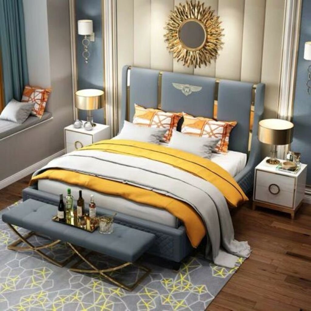 Blau Schlaf Zimmer Polster Design Lederbett, Luxus Leder Doppel Bett Ehe Hotel JVmoebel Betten