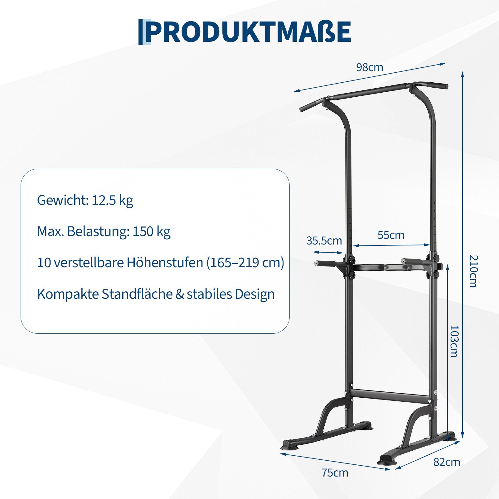 GarveeMore Kraftstation Klimmzugstange mit Mehrfunktions-Trainingstation mit 1,2 mm Stahlrohr, (Set, für zuhause), 10 verstellbare Höhen (165–219 cm), 150 kg Belastbarkeit, Schwarz