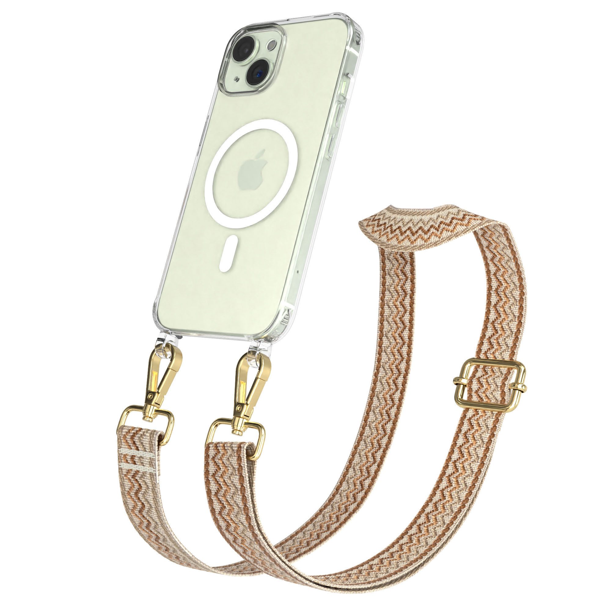 EAZY CASE Handykette Umhängeband MagSafe Hülle für Apple iPhone 15 6,1 Zoll, Schulterriemen Taschenband Handyband Wave Clear Hülle mit Band Beige