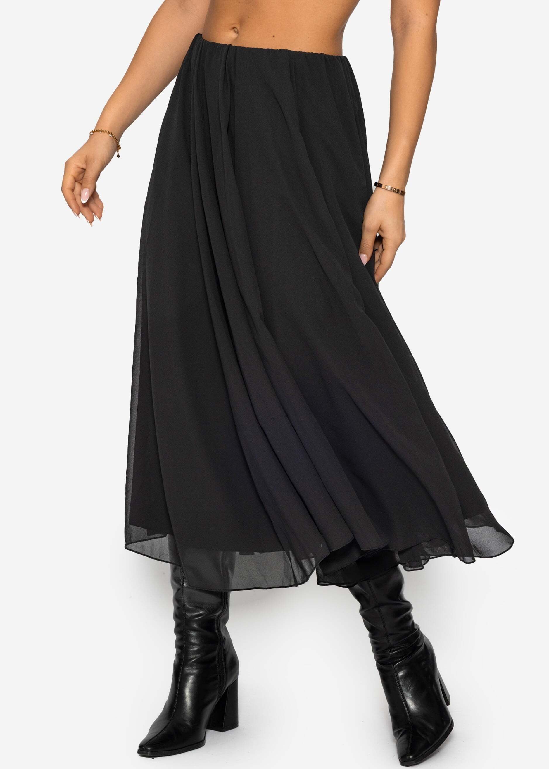 SASSYCLASSY Minirock Langer Chiffon Rock für Damen Eleganter blickdichter Rock mit elastischem Bund Schwarz