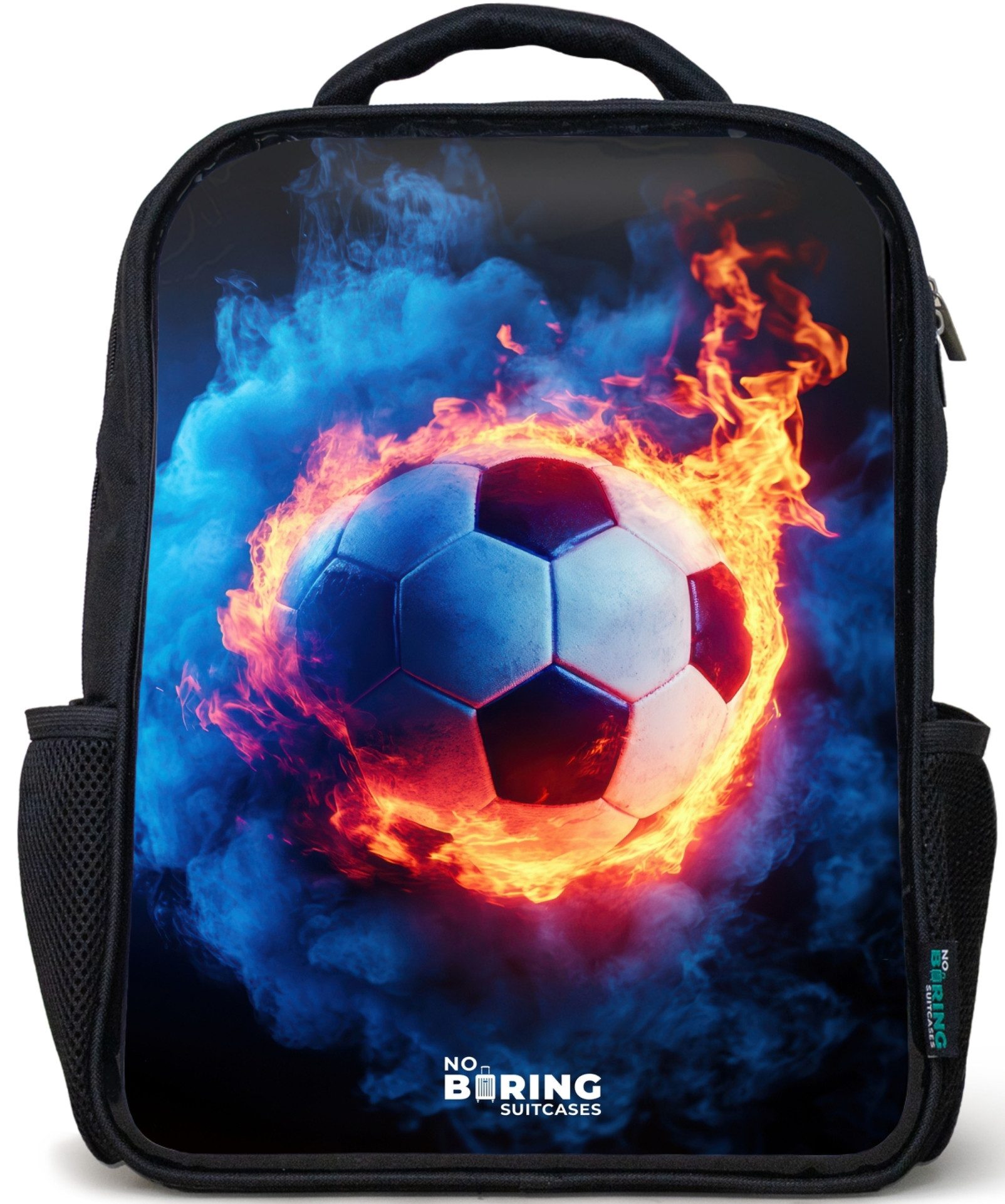 NoBoringSuitcases.com© Rucksack Schwarz - Fußball auf Feuer und Eis, Kinderrucksack Schwarz, Schulrucksack, Freizeitrucksack Jungen Mädchen