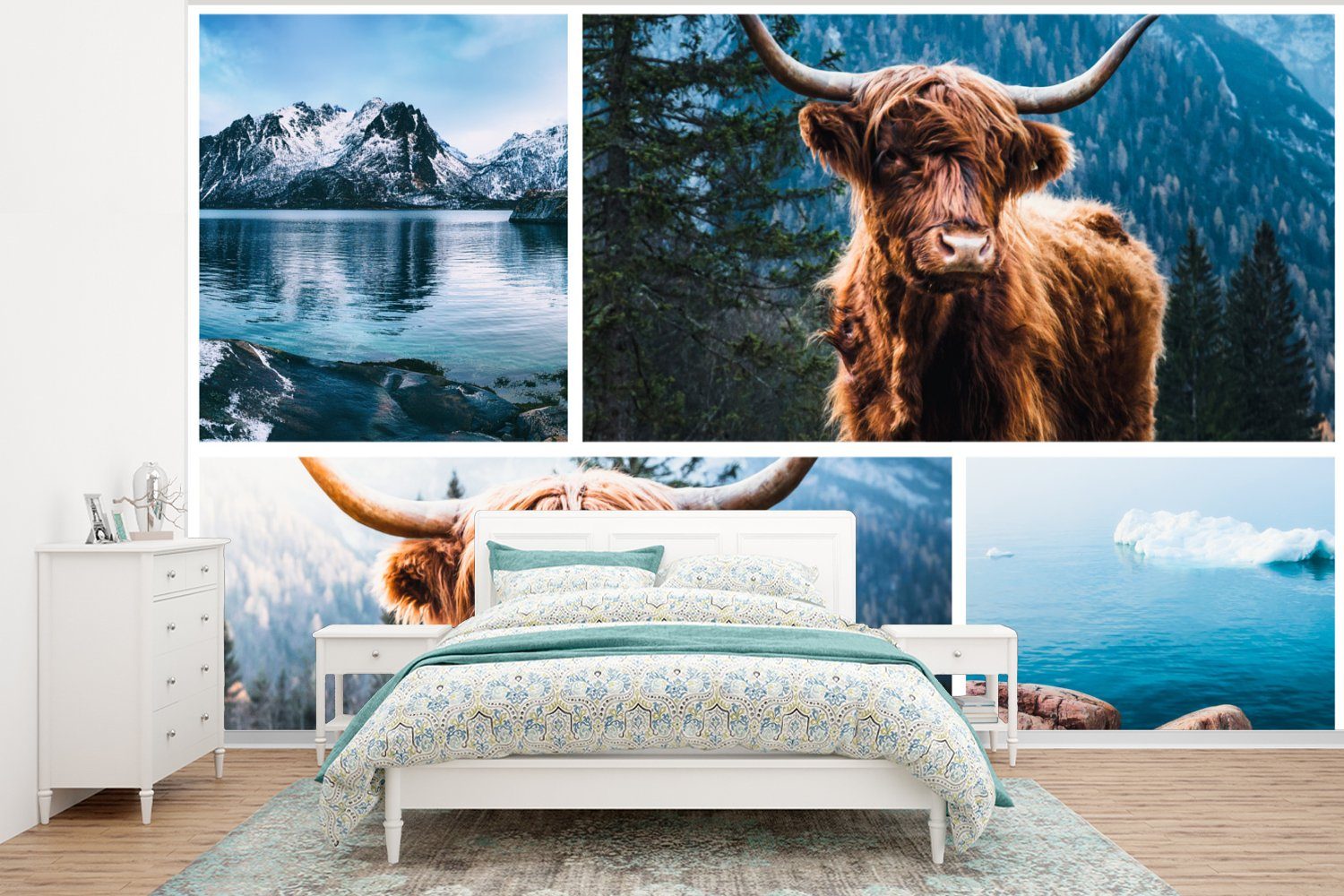 MuchoWow Fototapete Schottischer Highlander - Collage - Berg, Matt, bedruckt, (6 St), Wallpaper für Wohnzimmer, Schlafzimmer, Kinderzimmer, Vinyl Tapete