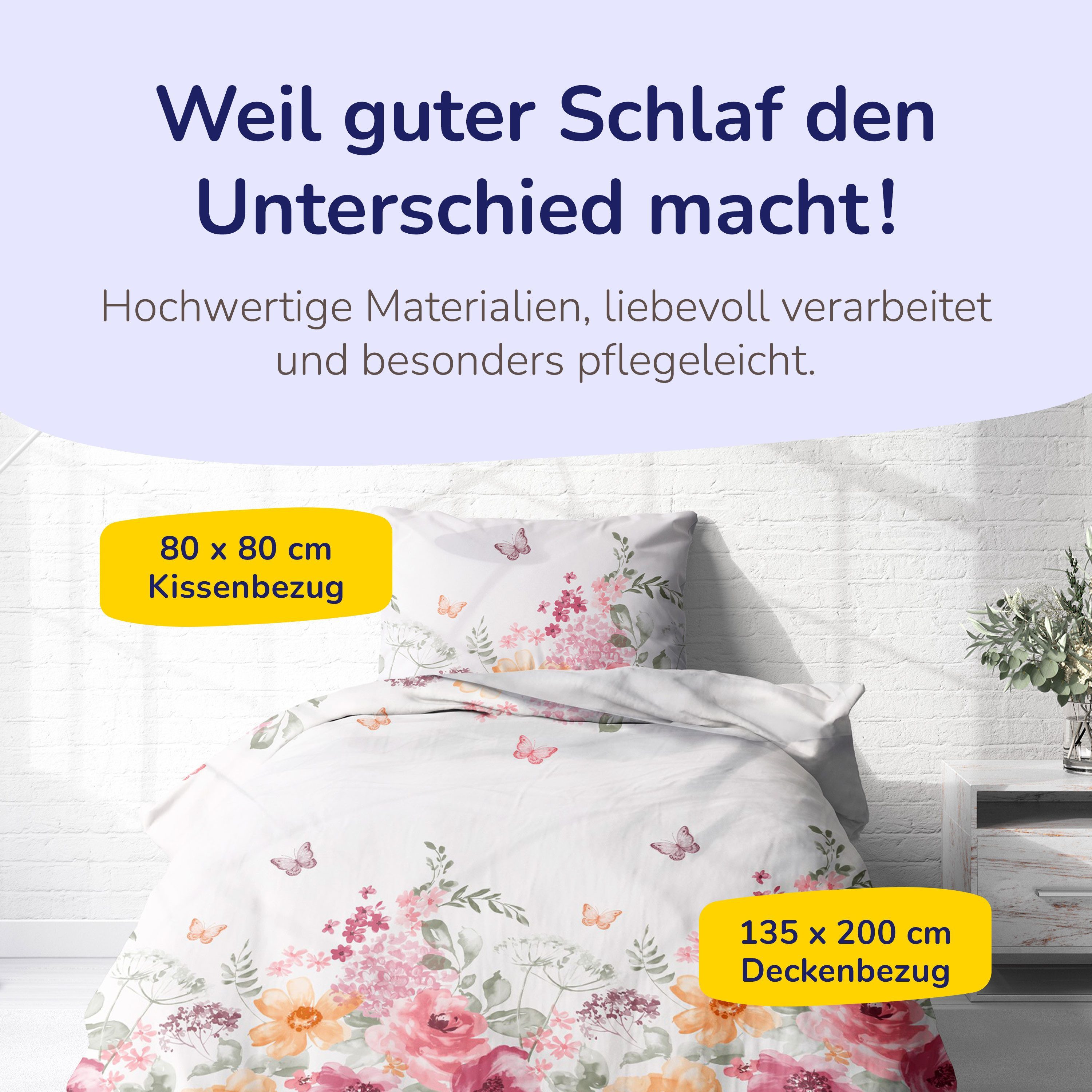 Träumschön Bettwäsche Premium 135x200 -80x80 cm aus Baumwolle, Sommerbettwäsche Blumen, Baumwolle, 2 teilig, mit Reißverschluss, luftig und leicht