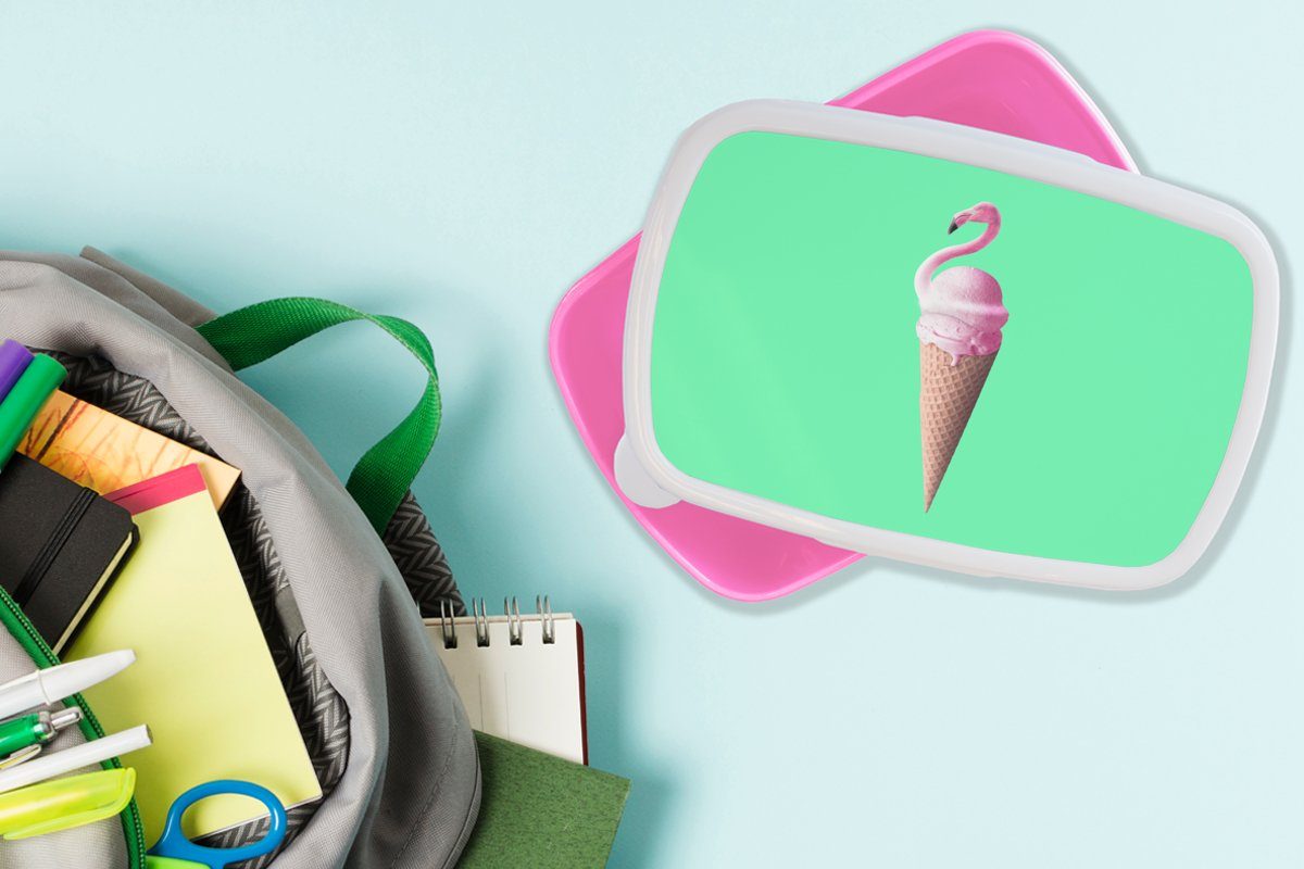 für Eiscreme Brotbox Kunststoff, (2-tlg), Flamingo Grün, MuchoWow Kunststoff Mädchen, Lunchbox Erwachsene, - - Snackbox, - Rosa - Eistüten Brotdose Kinder,