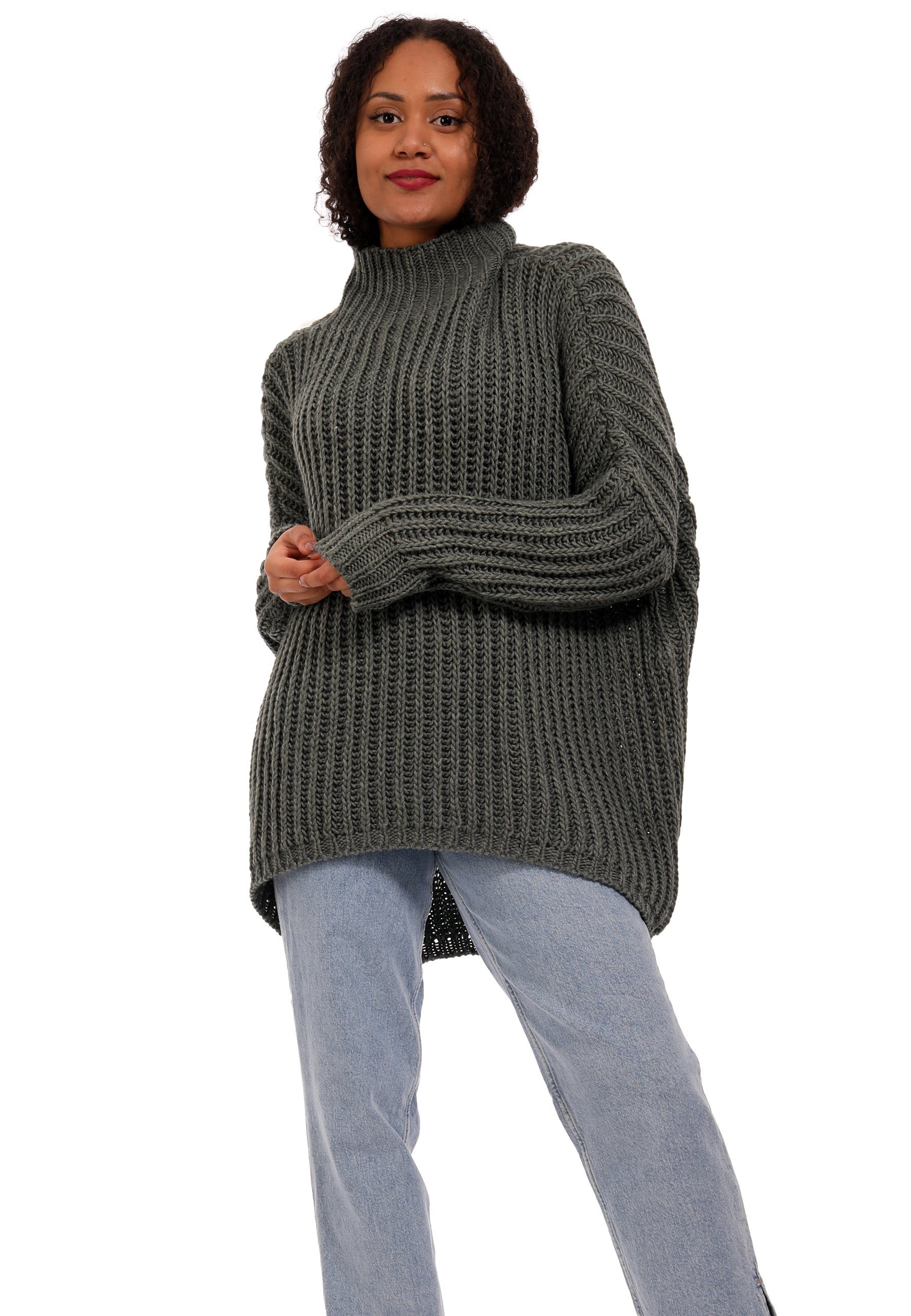Damen Rollkappenpullover Oversize - Grobstrick Langarm Pulli Mit Seitenschlitz