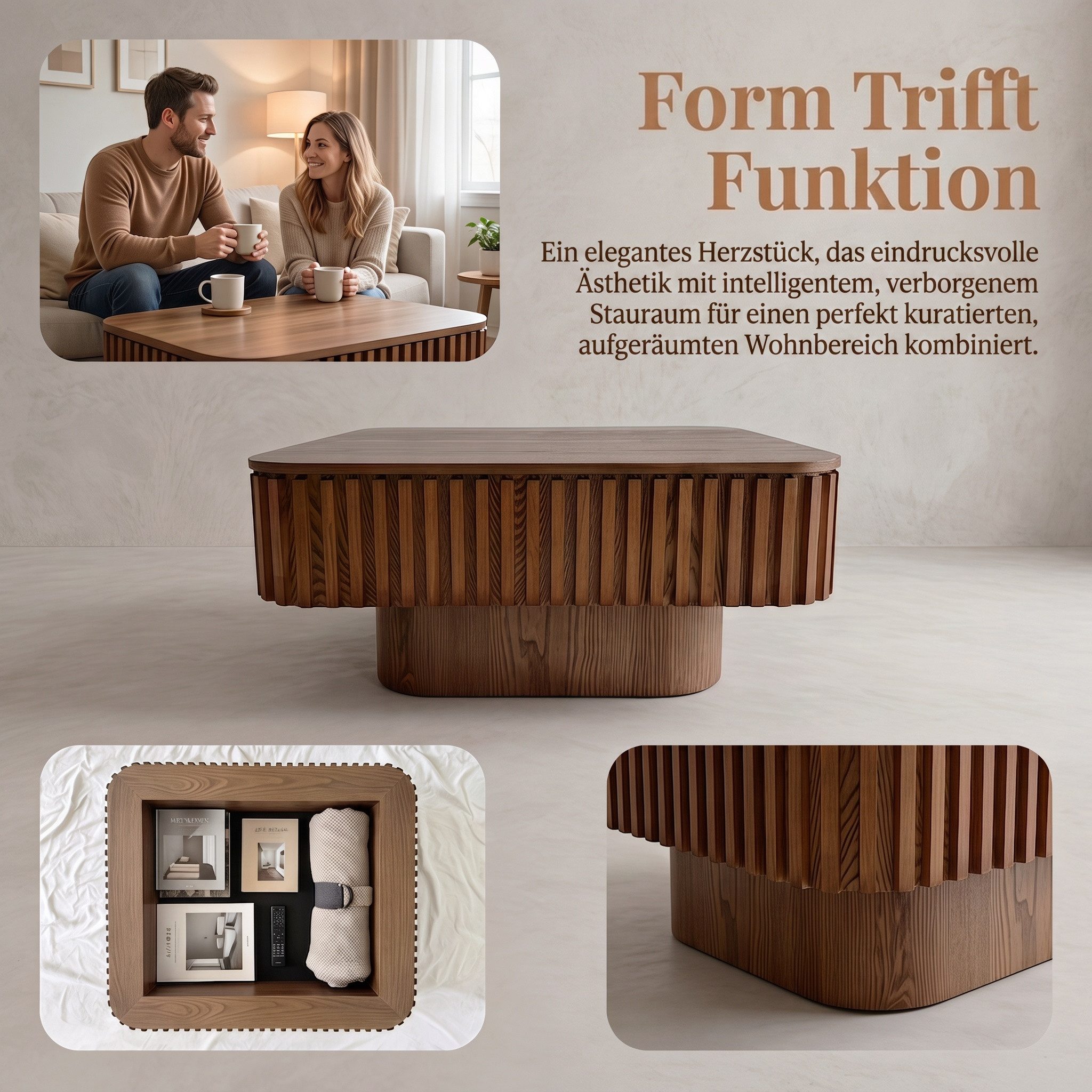 Celya Couchtisch Quadratischer Cocktailtisch mit verstecktem Stauraum (aus furniertem Massivholz, einfache Montage in 5 Minuten) – Bild 4 von 5