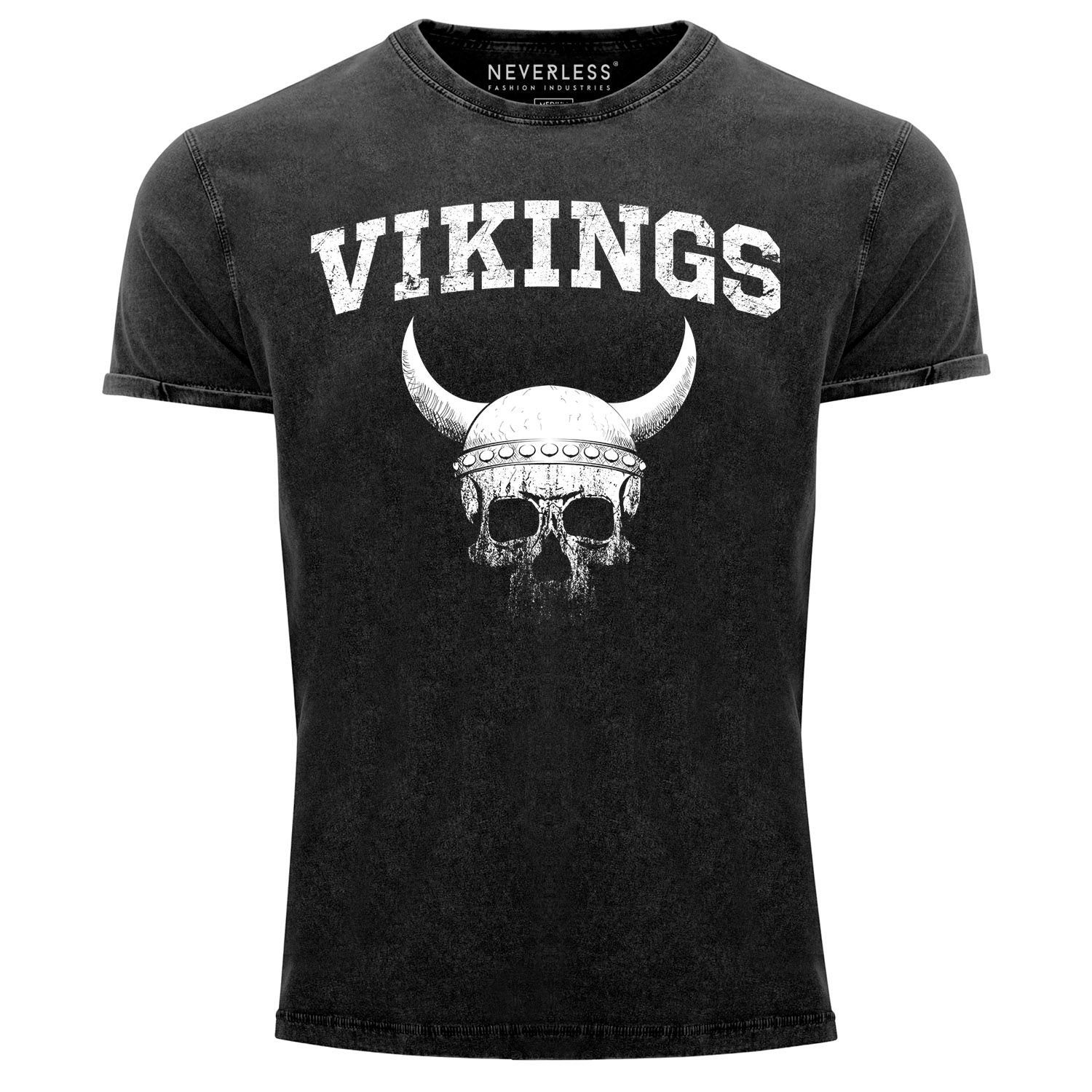 Neverless Print-Shirt Herren Vintage Shirt Wikinger-Helm Skull Totenkopf Printshirt T-Shirt Aufdruck Used Look Slim Fit Neverless® mit Print schwarz