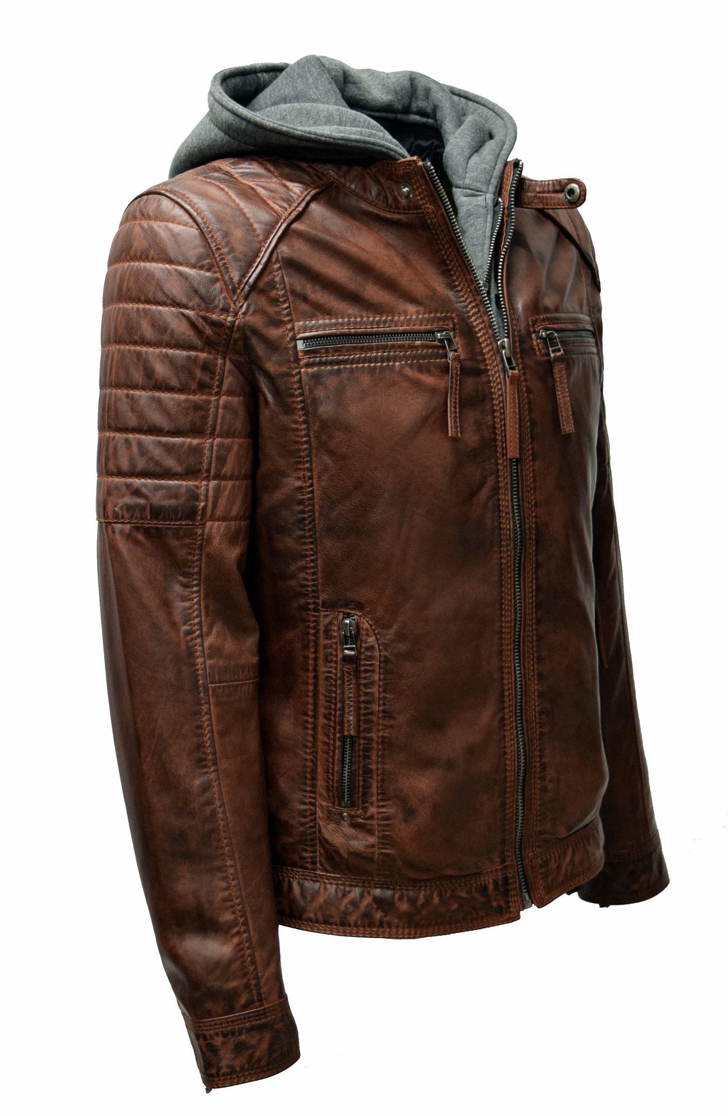 Zimmert Leather Lederjacke Carlo mit abnehmbarer Kapuze, Cognac, Schwarz, Dunkelbraun – Bild 4 von 5